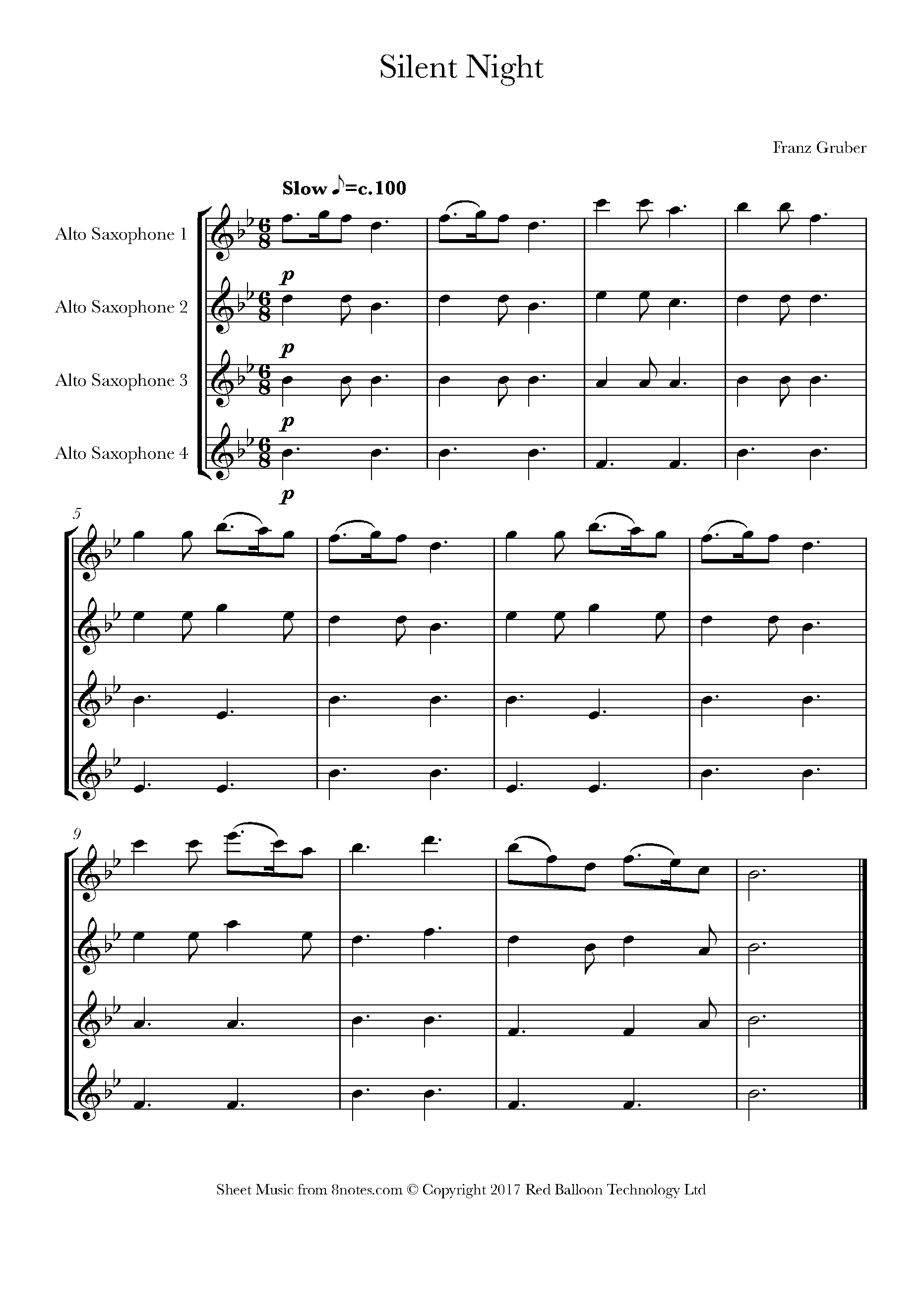 Silent Night for Alto Sax Quartet Free Sheet music for Alto Sax Quartet 8notes