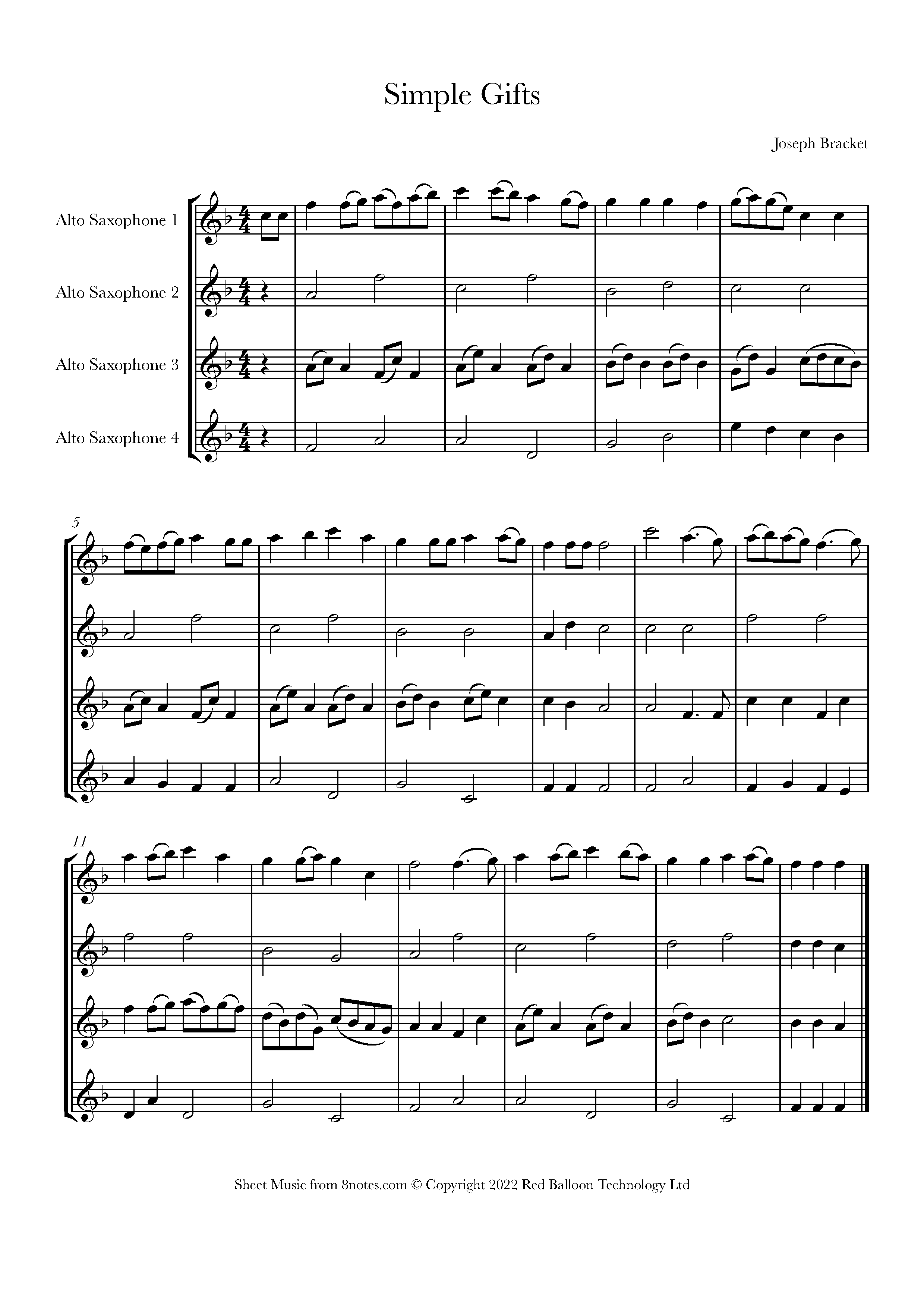 Simple Gifts (appalachian shaker song) Sheet music for Alto Sax Quartet