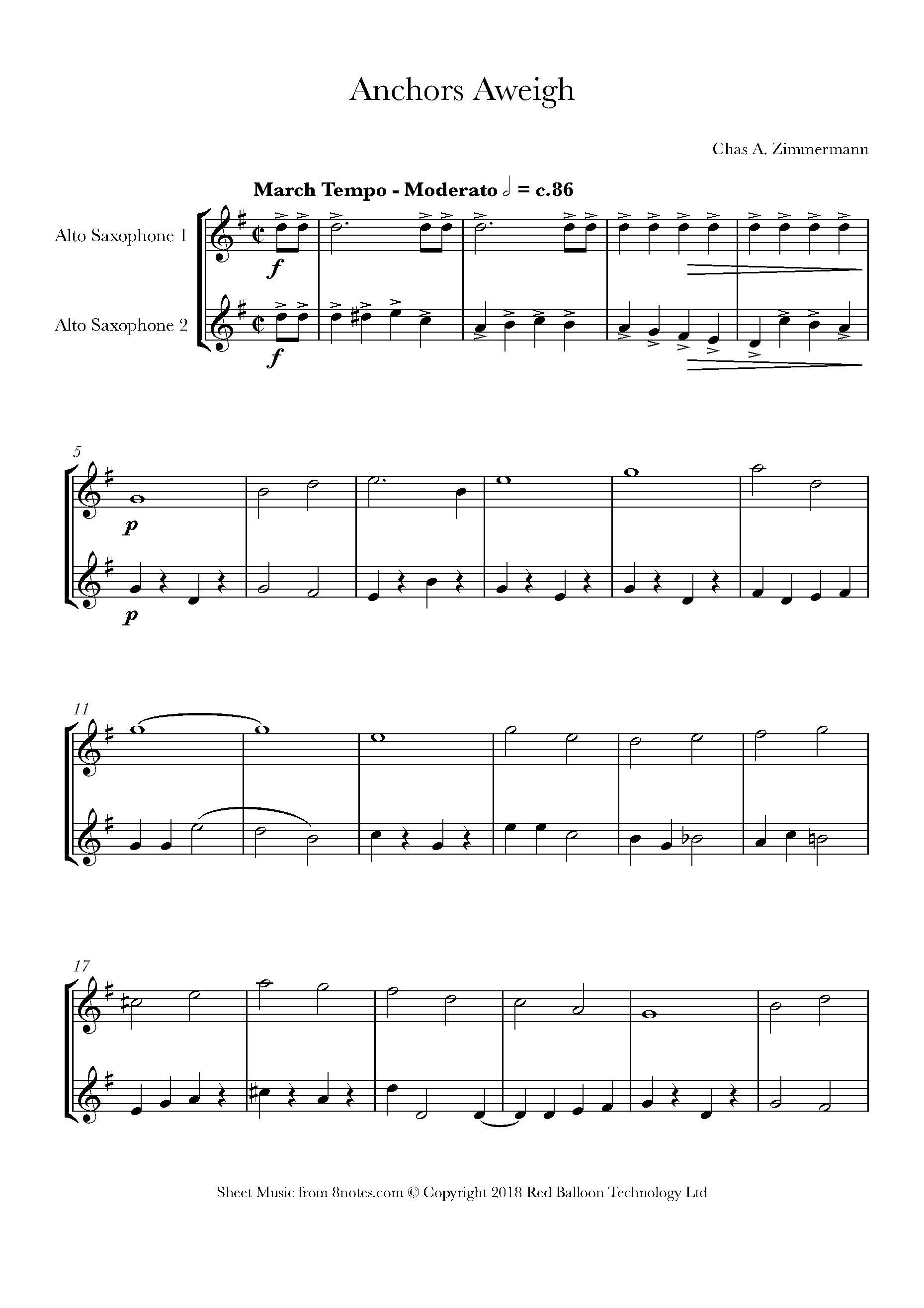Chas A Zimmermann Anchors Aweigh Sheet music for Alto Saxophone Duet