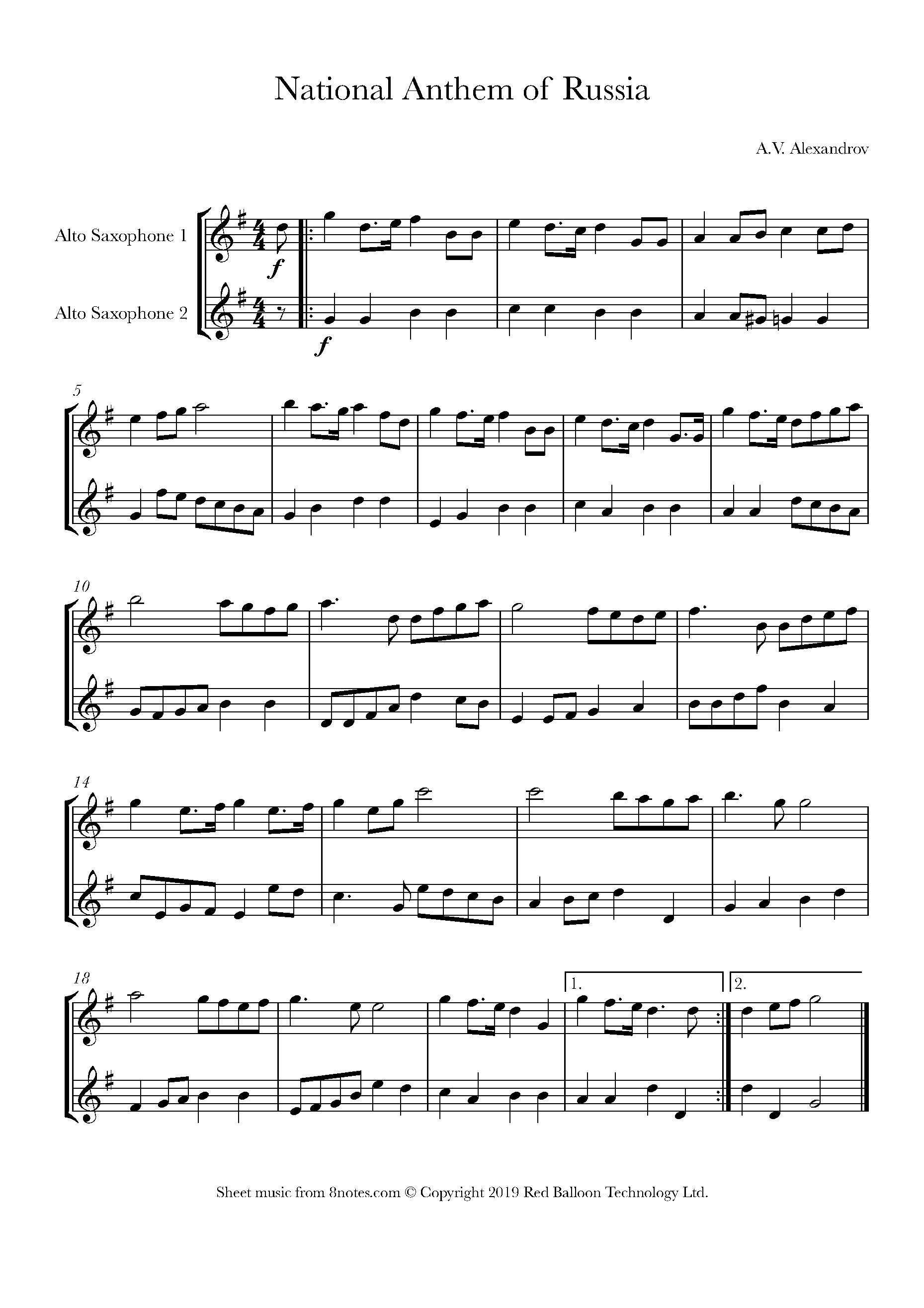 National Anthem of Russia (Alexandrov) Sheet music for Alto Saxophone