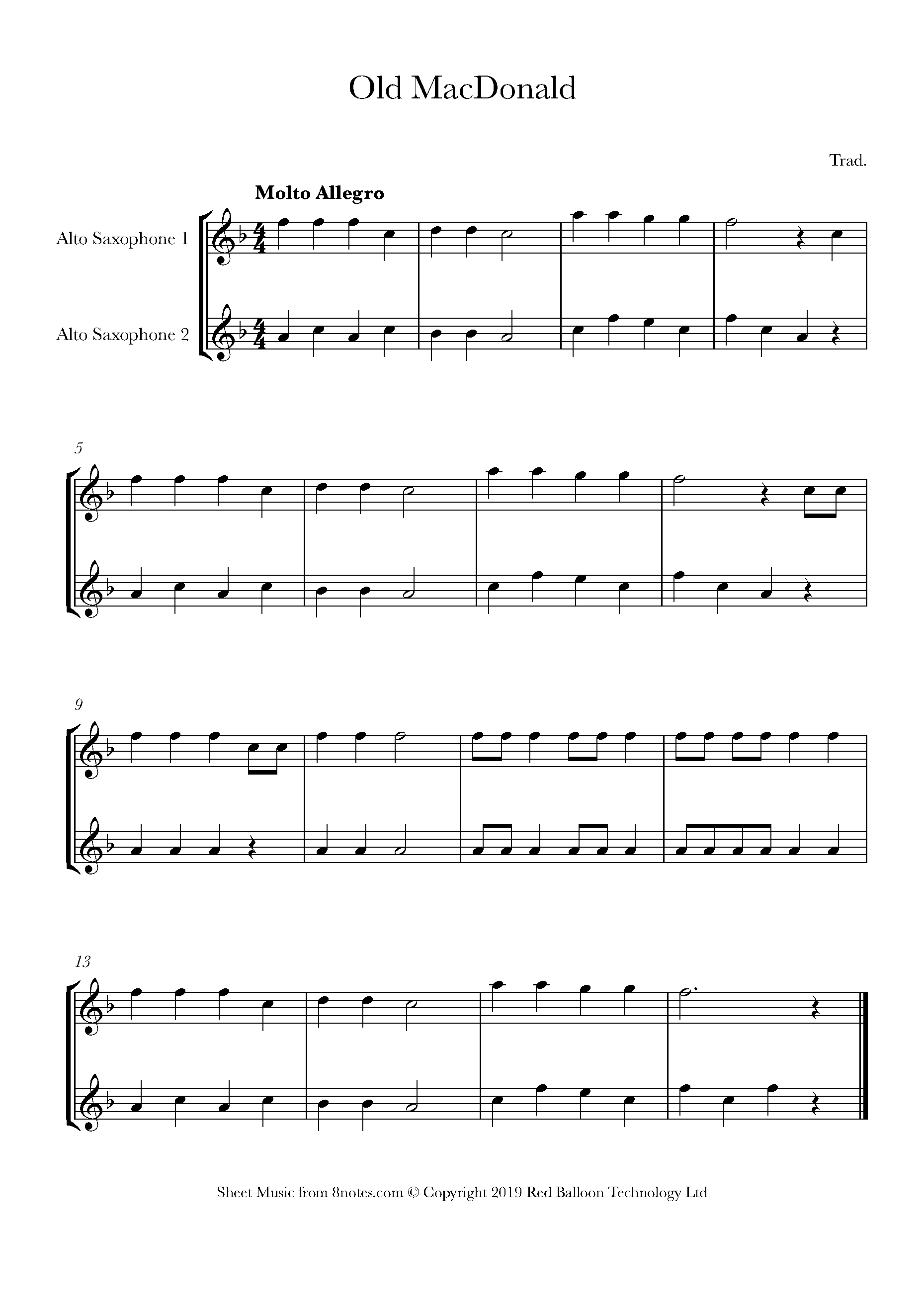 Old MacDonald Sheet music for Alto Saxophone Duet