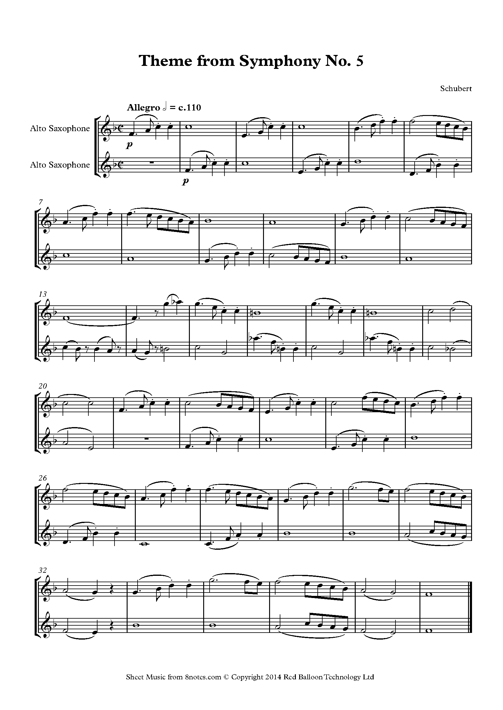 Schubert Theme from Symphony No.5 Sheet music for Alto Saxophone Duet