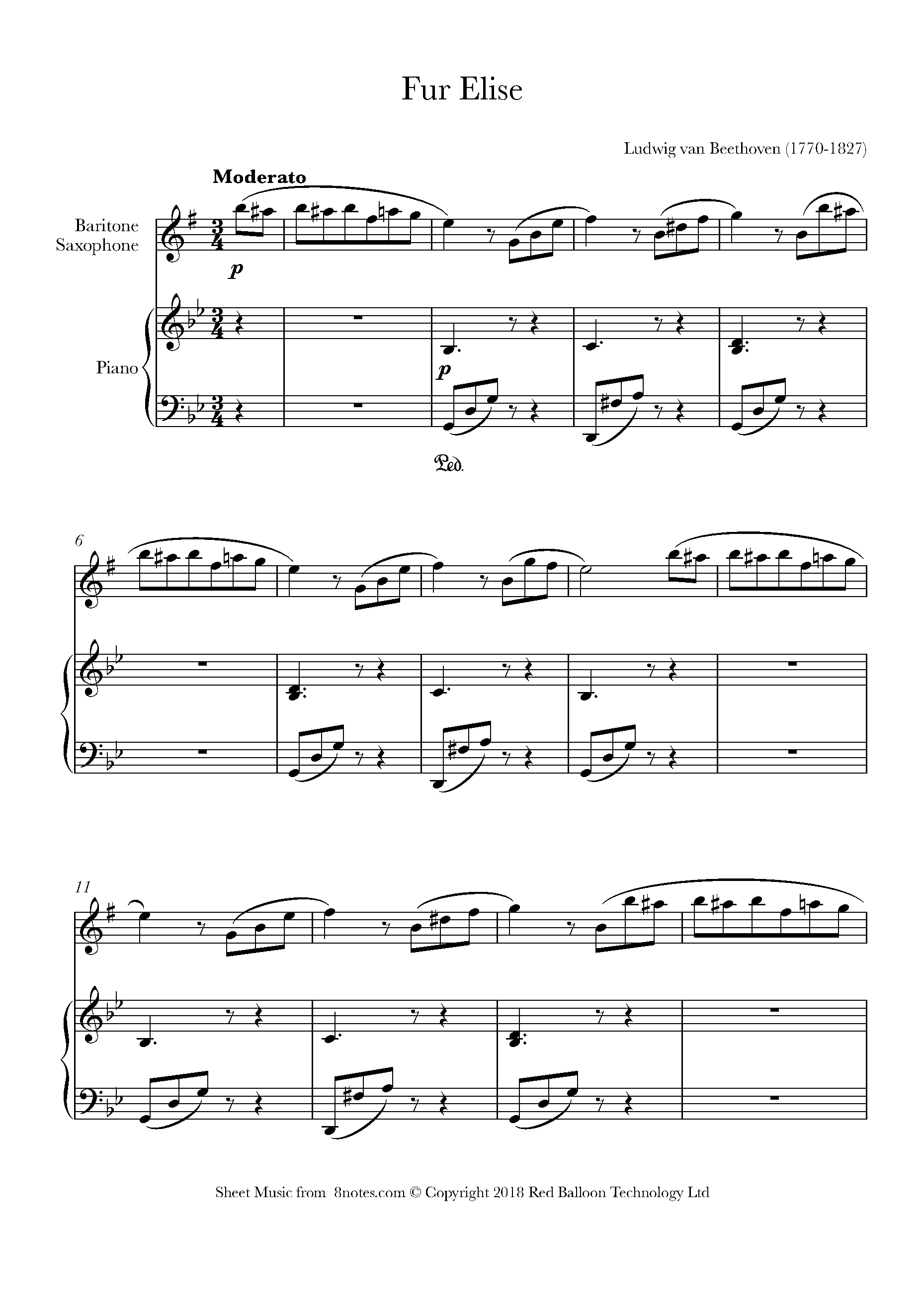 Beethoven Fur Elise Sheet Music For Baritone Saxophone 8notes