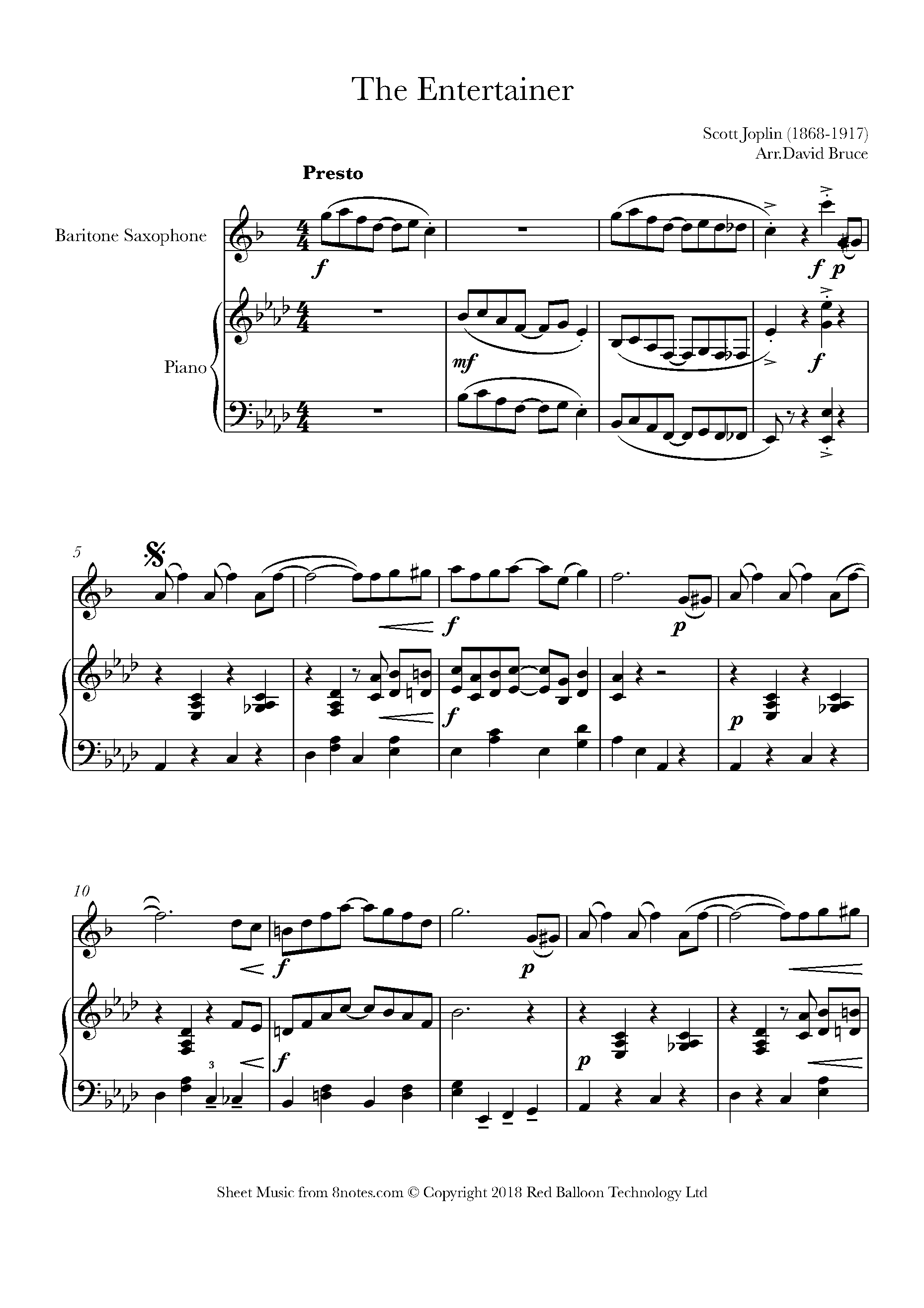 Scott Joplin The Entertainer for Baritone Saxophone Free Sheet music for Baritone Saxophone 8notes
