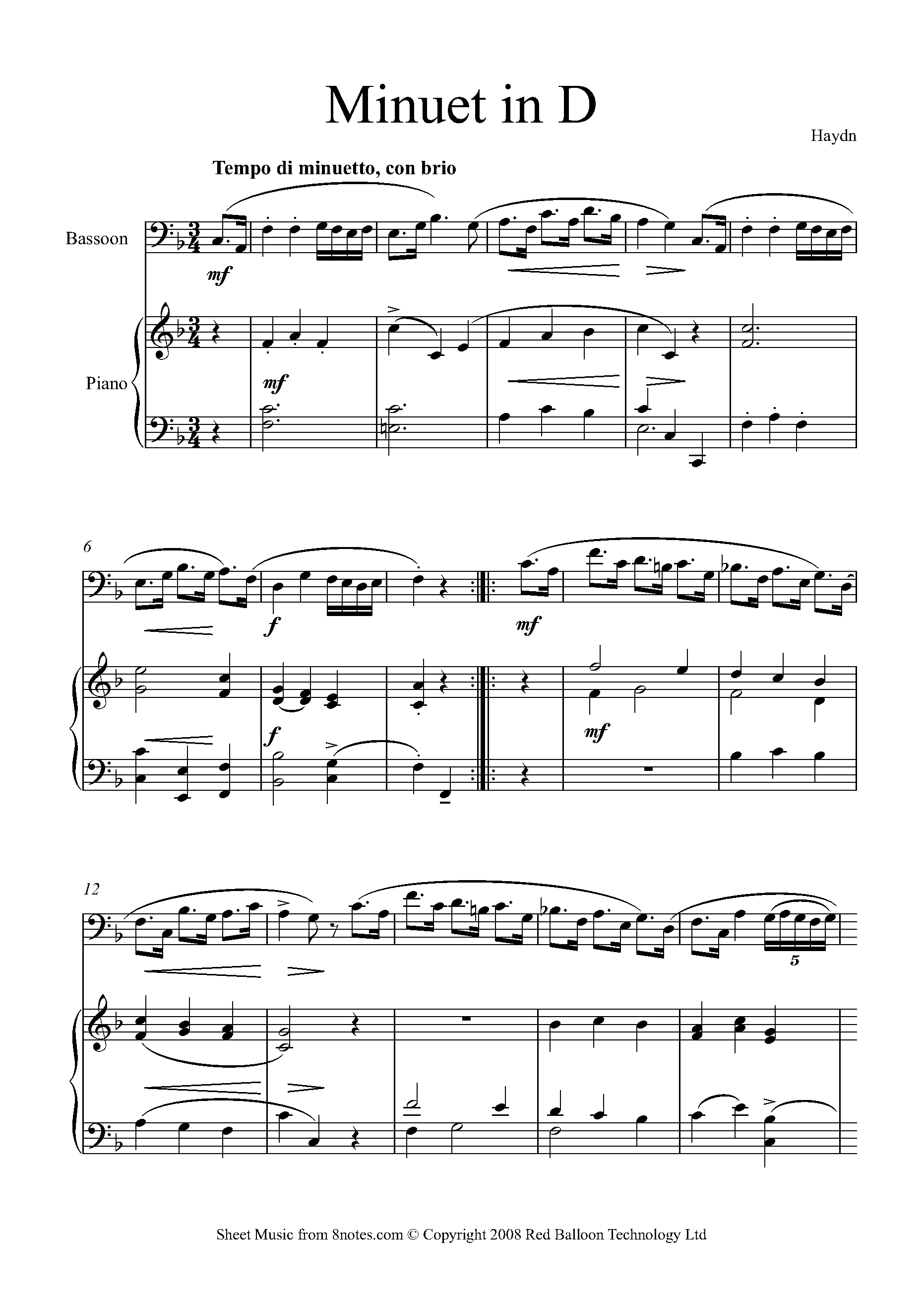 Haydn Minuet in D Sheet music for Bassoon