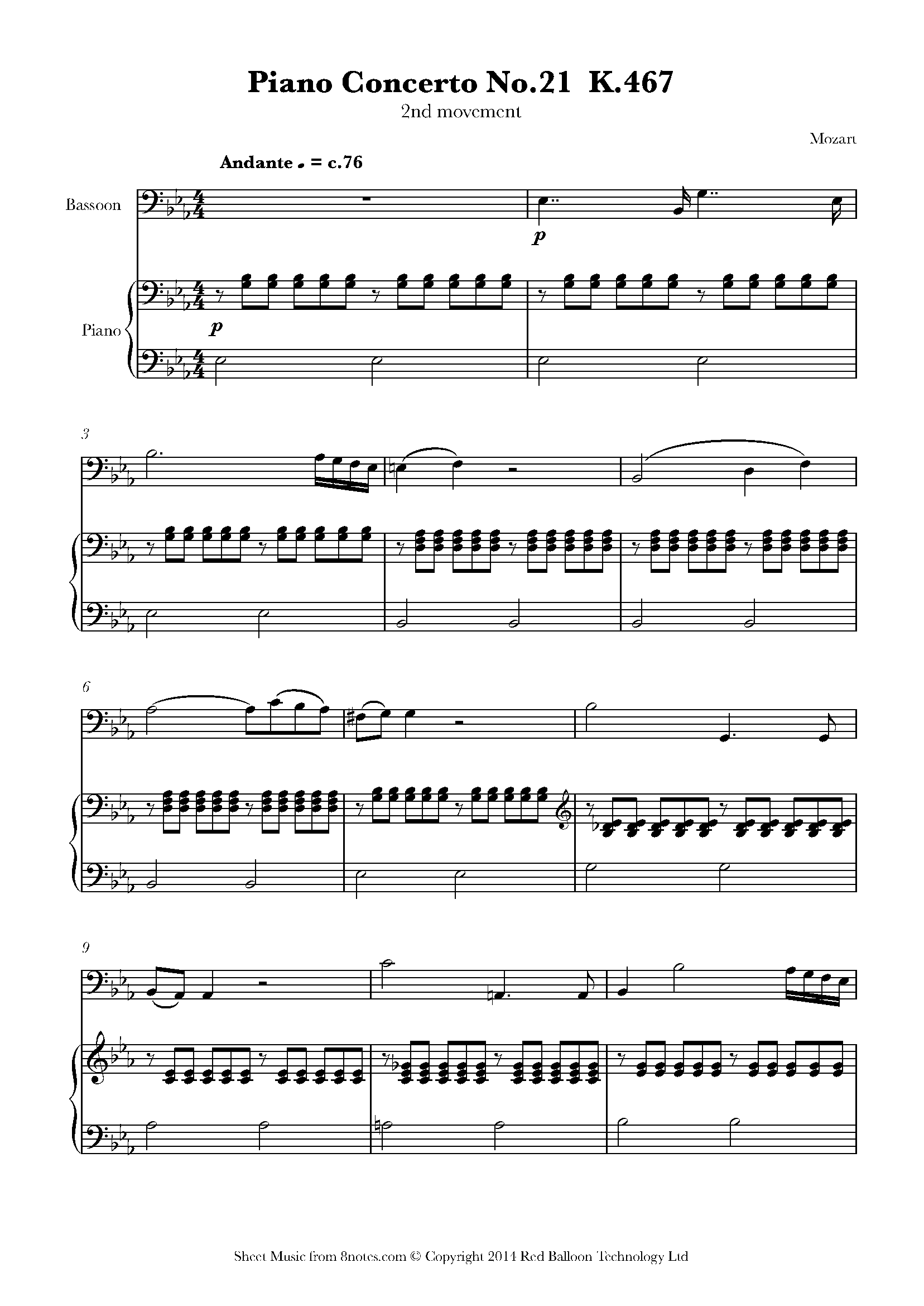 Mozart Theme from Piano Concerto No.21 K.467 2nd mvt Sheet music for Bassoon