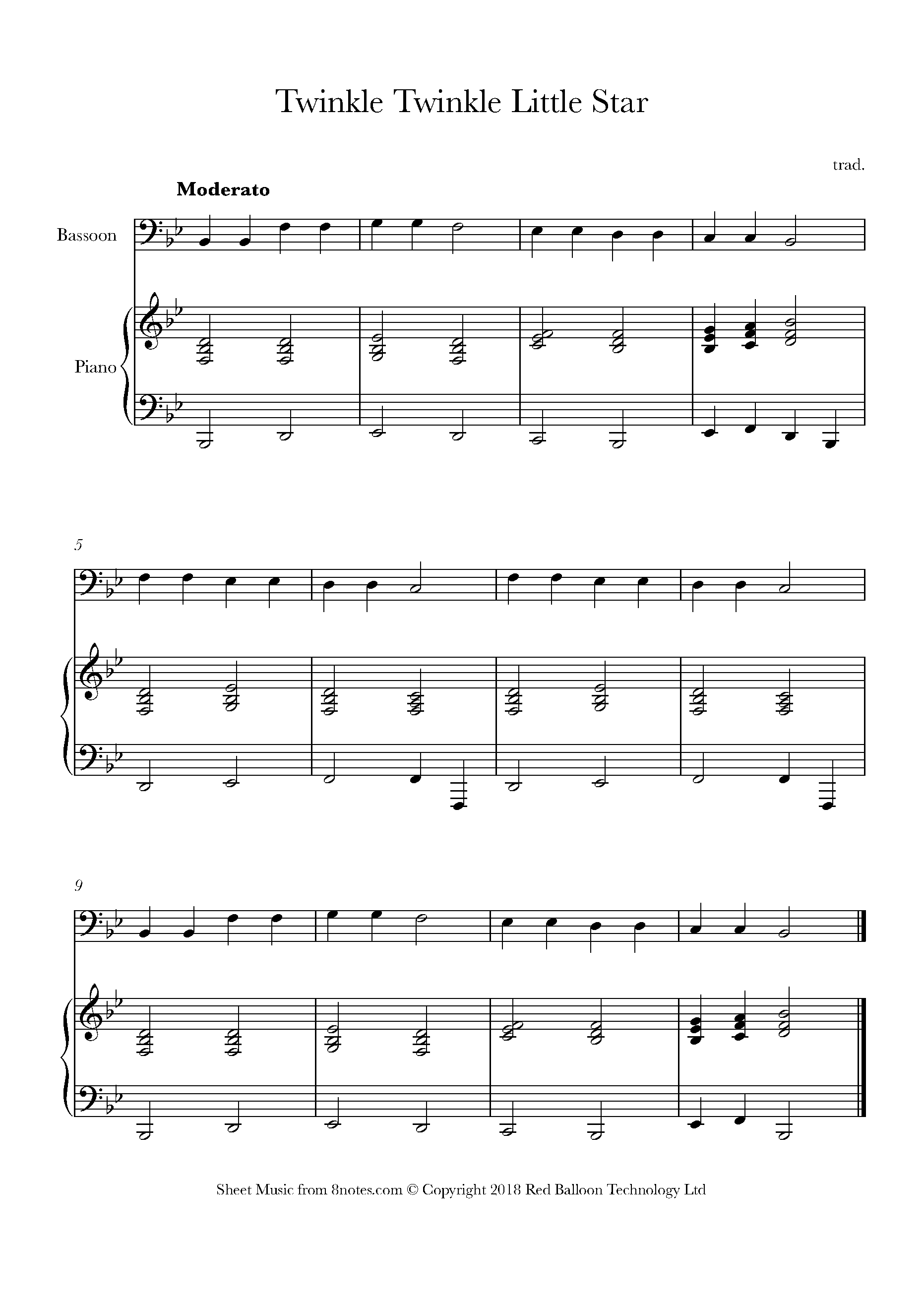Twinkle Twinkle Little Star Sheet music for Bassoon - 8notes.com