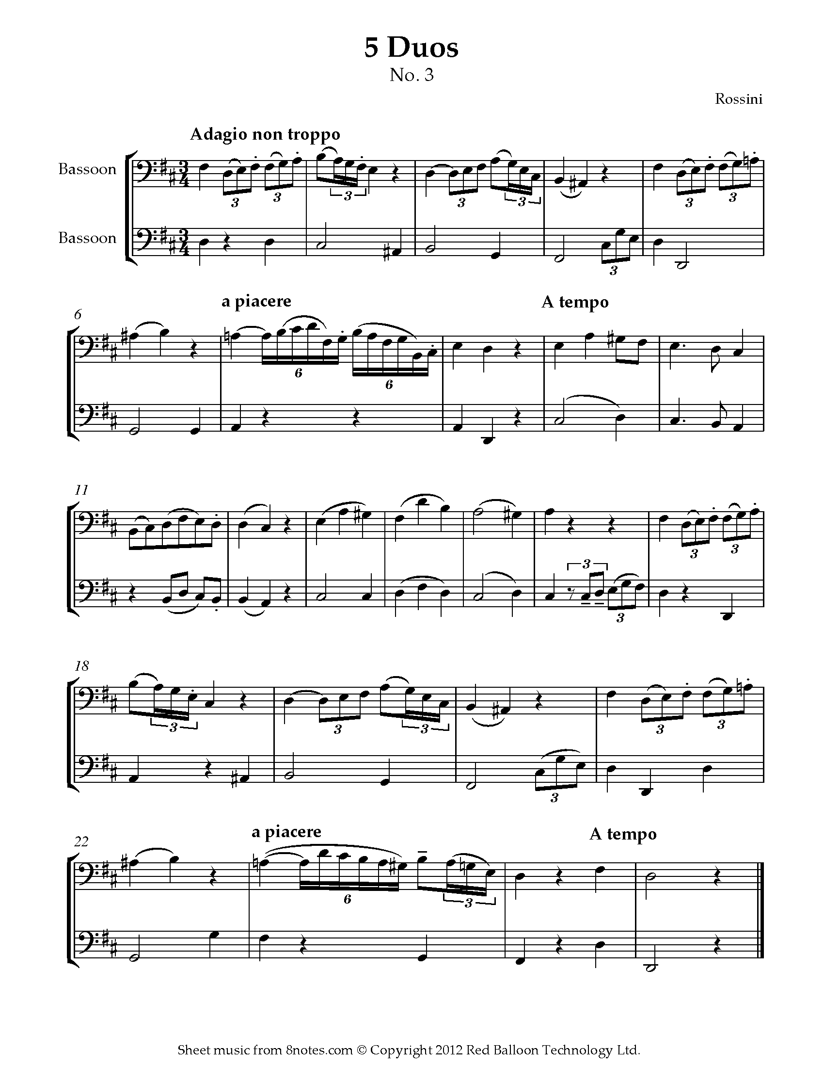 Rossini 5 Duos No.3 Adagio Sheet music for Bassoon Duet
