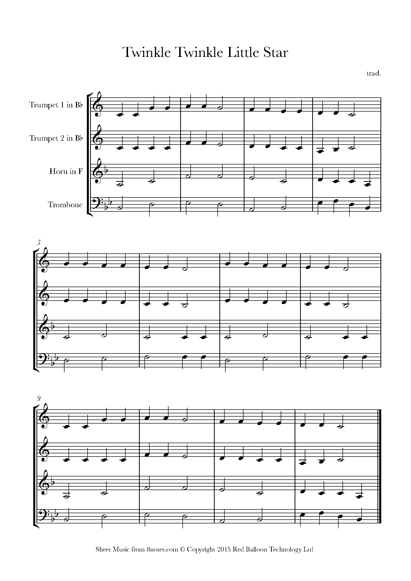 Twinkle Twinkle Little Star Sheet music for Brass Quartet - 8notes.com
