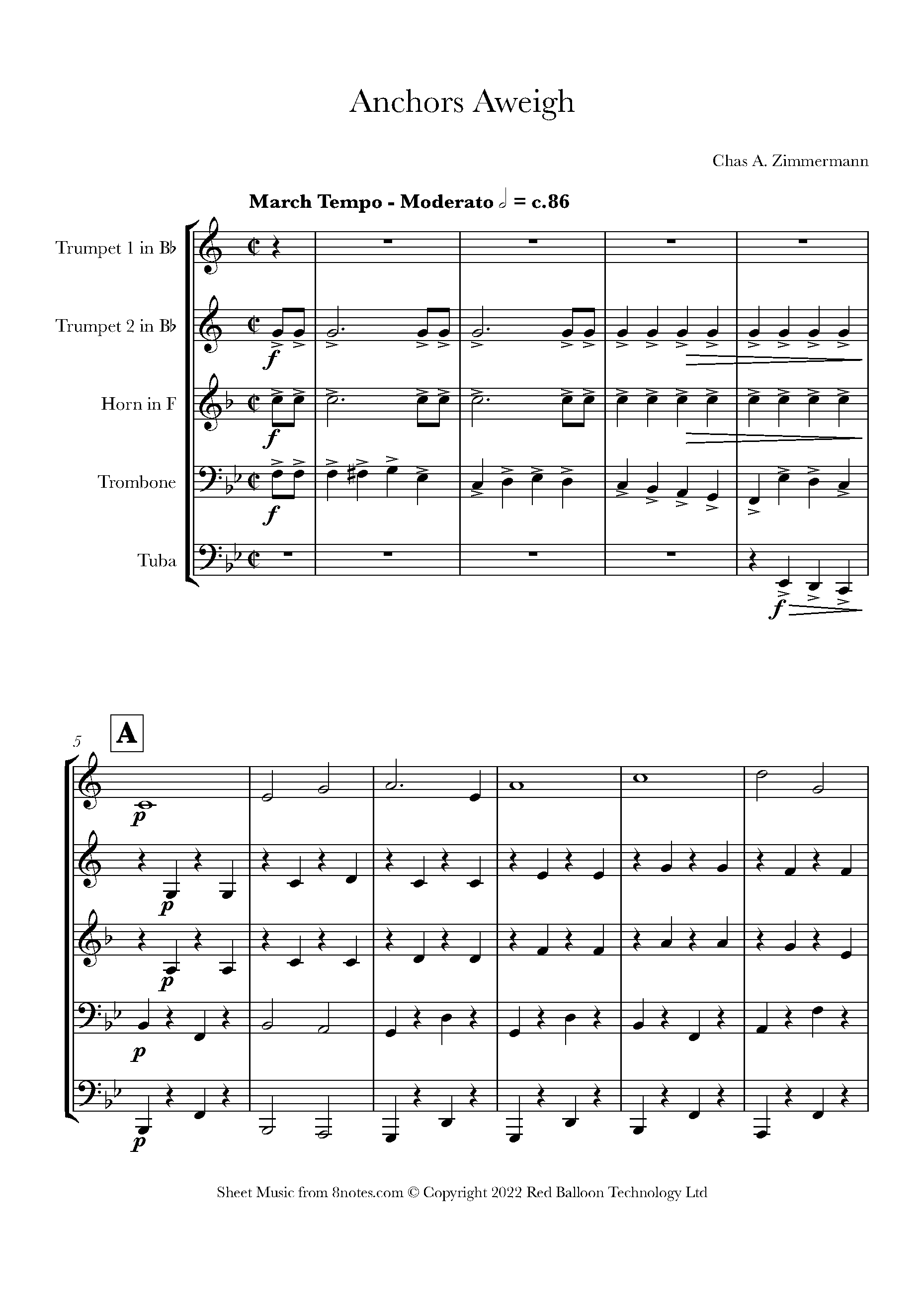 Chas A Zimmermann Anchors Aweigh Sheet music for Brass Quintet