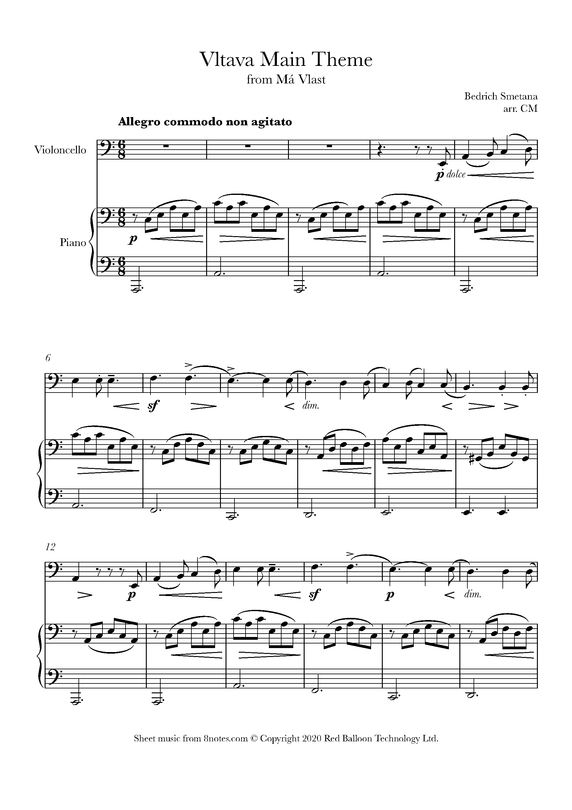 Smetana Vltava Main Theme From Ma Vlast Sheet Music For Cello 8notes Com