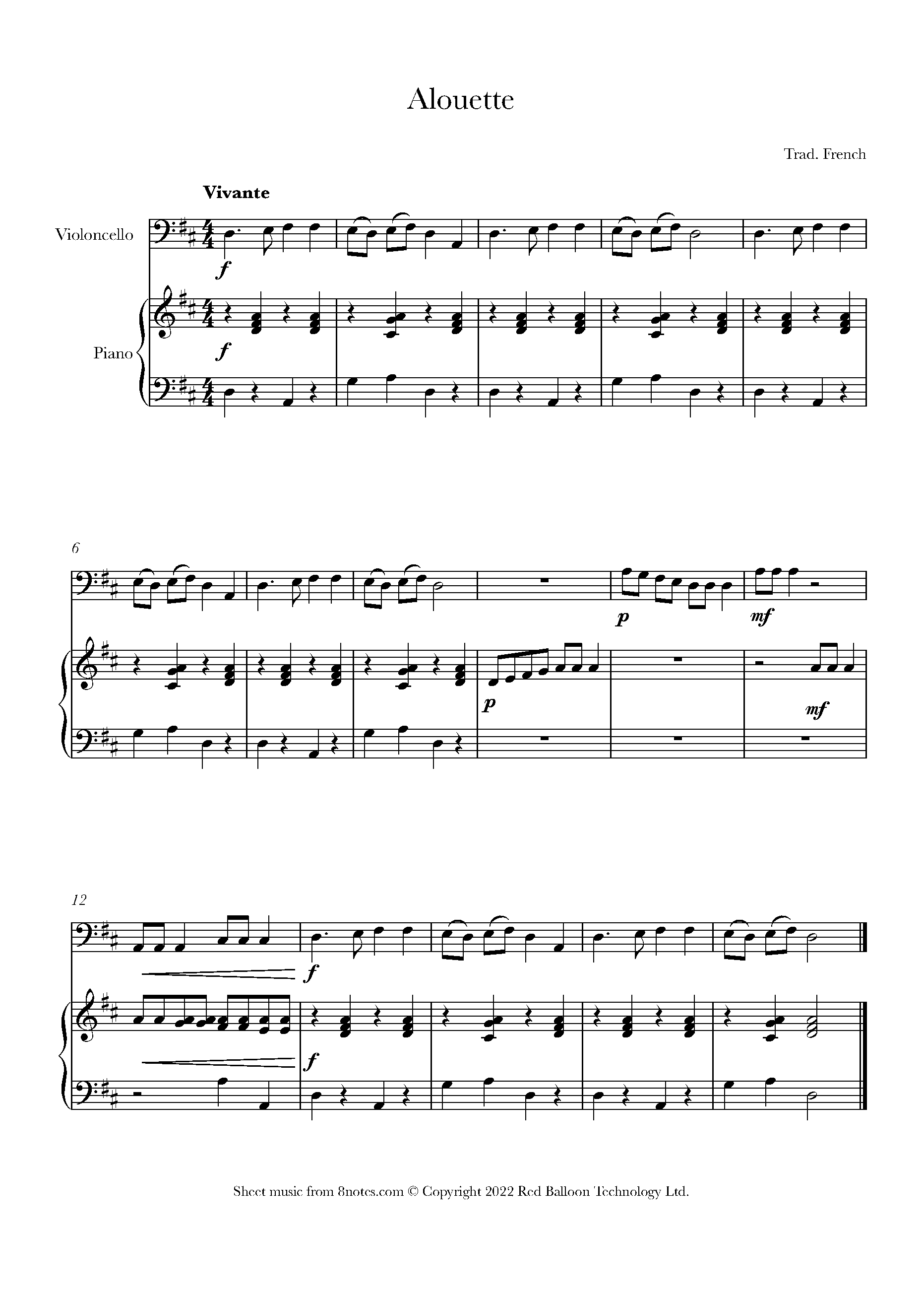 Alouette Sheet music for Cello
