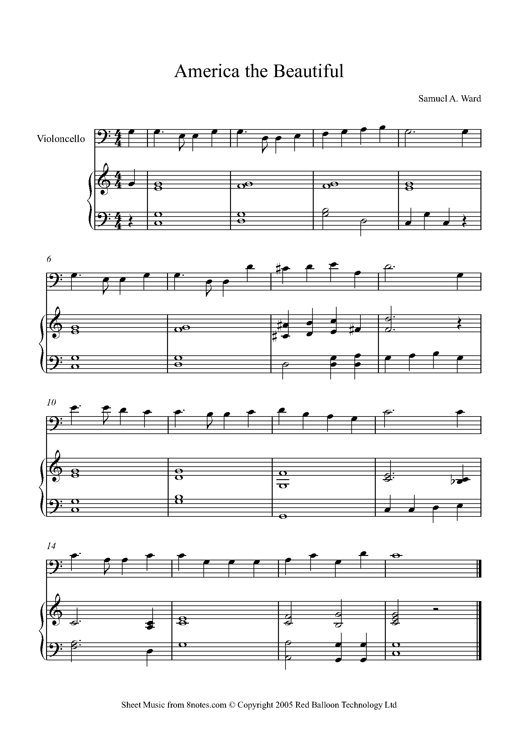 Samuel A. Ward America the Beautiful for Cello Free Sheet music for Cello 8notes