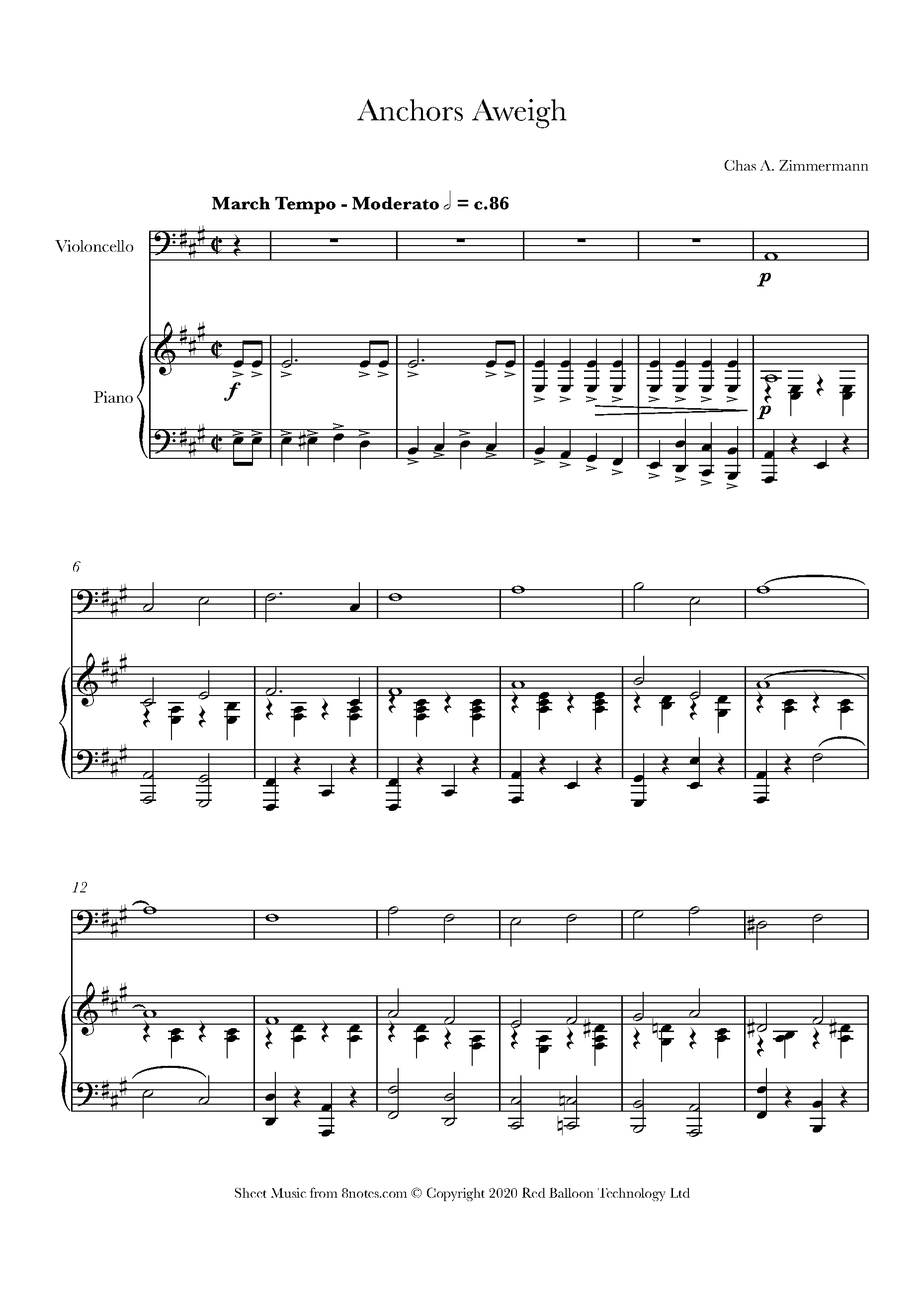 Chas A Zimmermann Anchors Aweigh Sheet music for Cello
