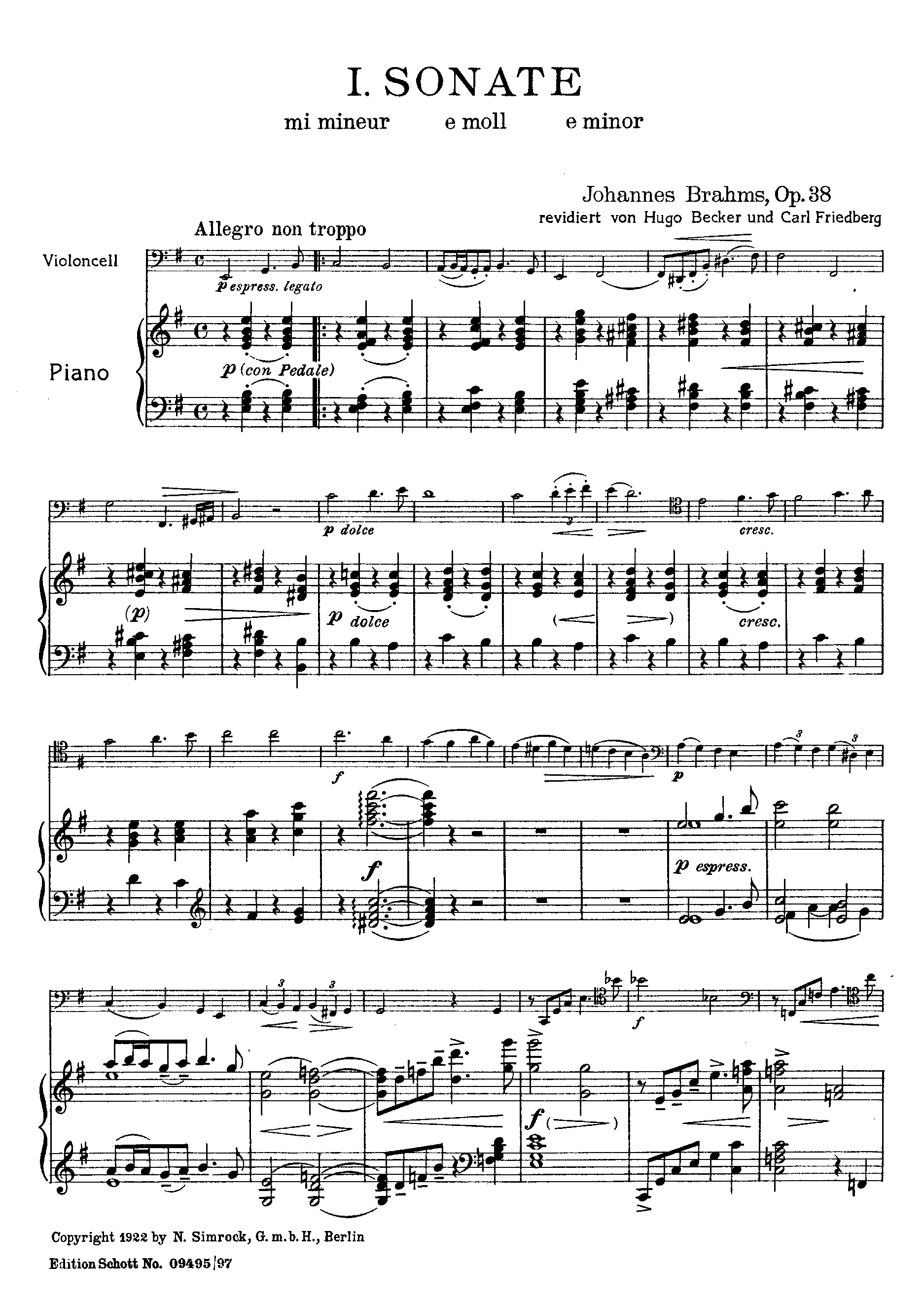 Cello Sonata No.1, Op.38 by Johannes Brahms Sheet Music arranged by 8notes.com for Cello - 1 of 24 pages