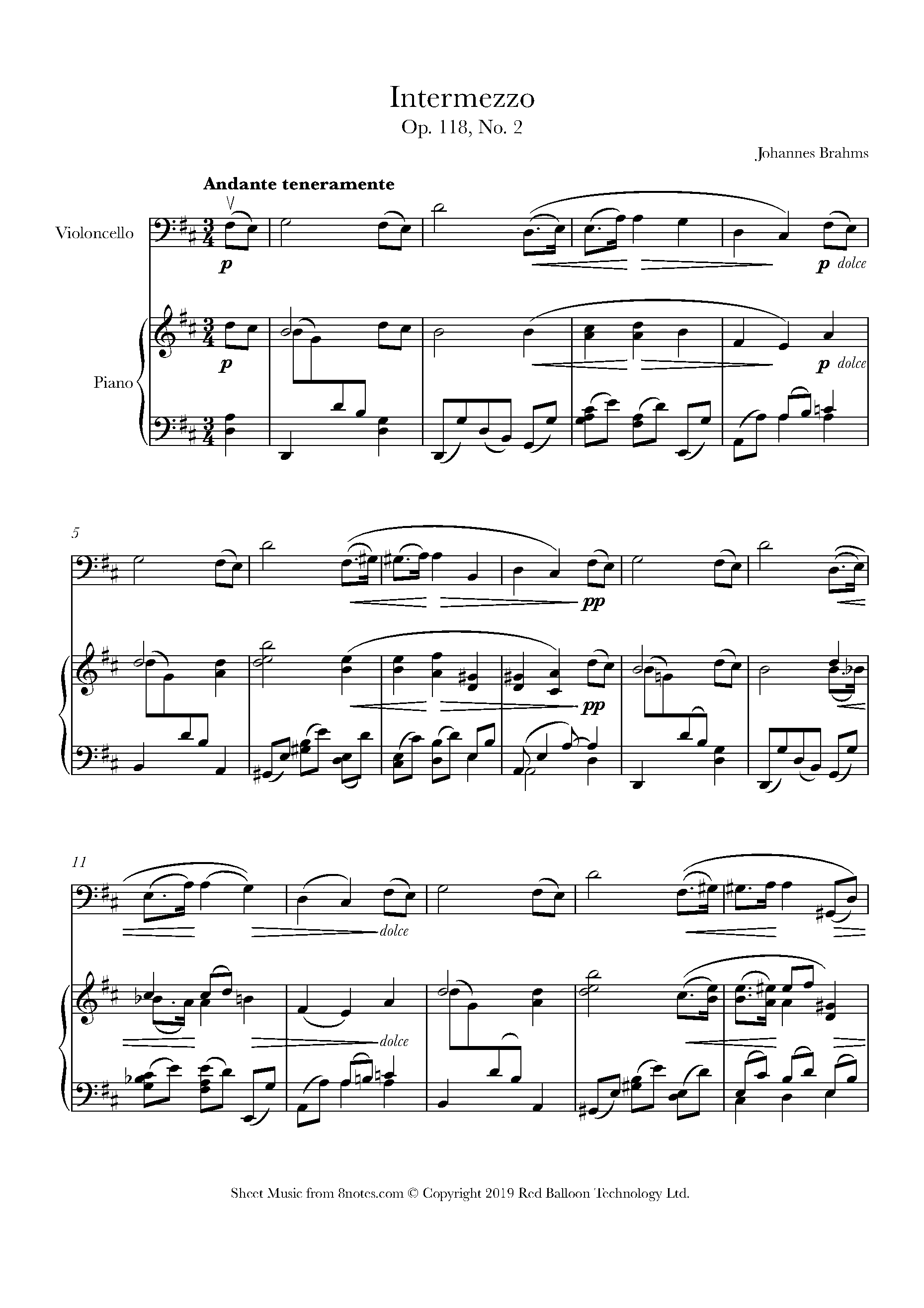 Brahms Intermezzo, A Major Op.118 No.2 Sheet music for Cello