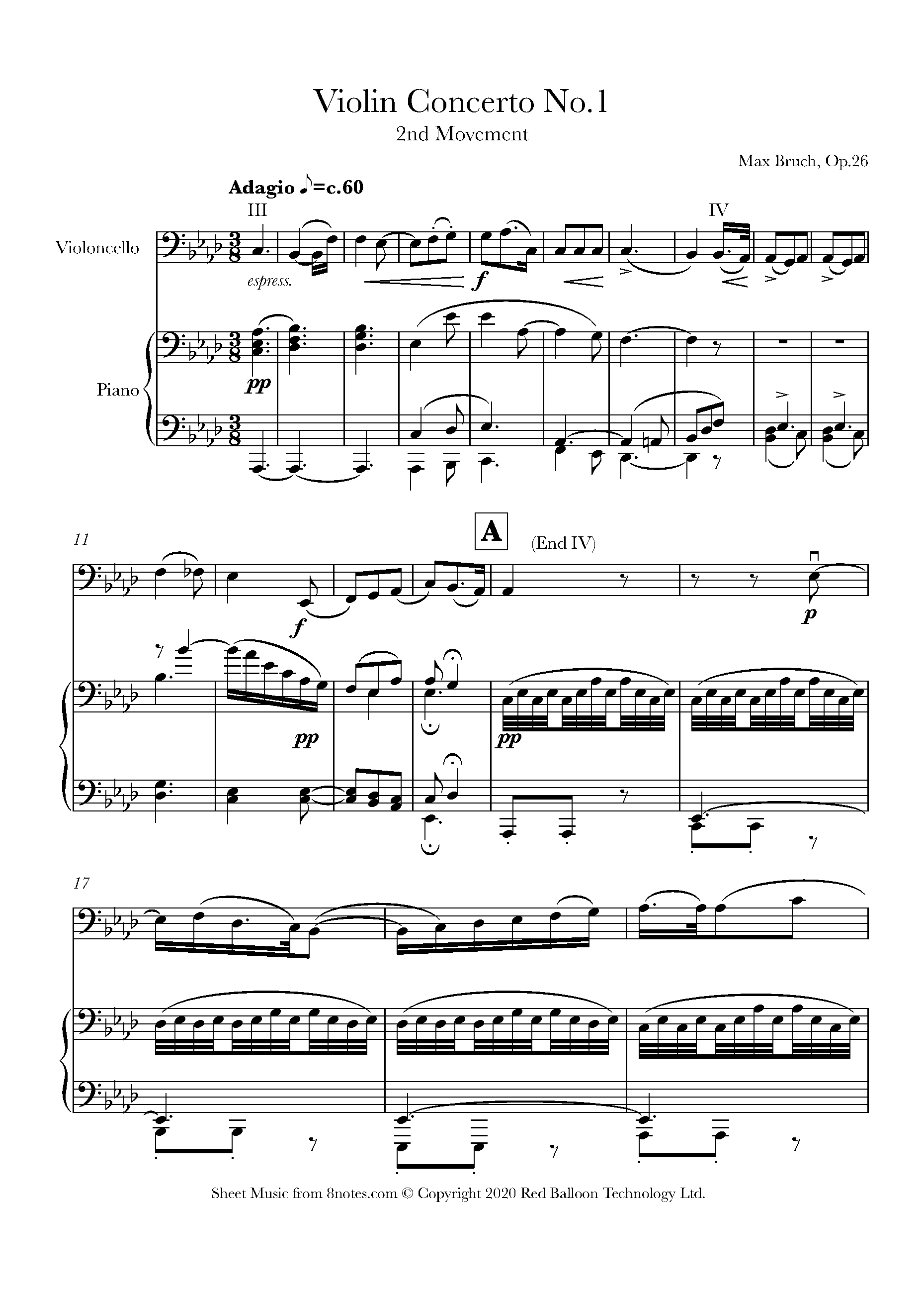 Bruch Violin Concerto No.1, Second Movement Op.26 Sheet music for Cello
