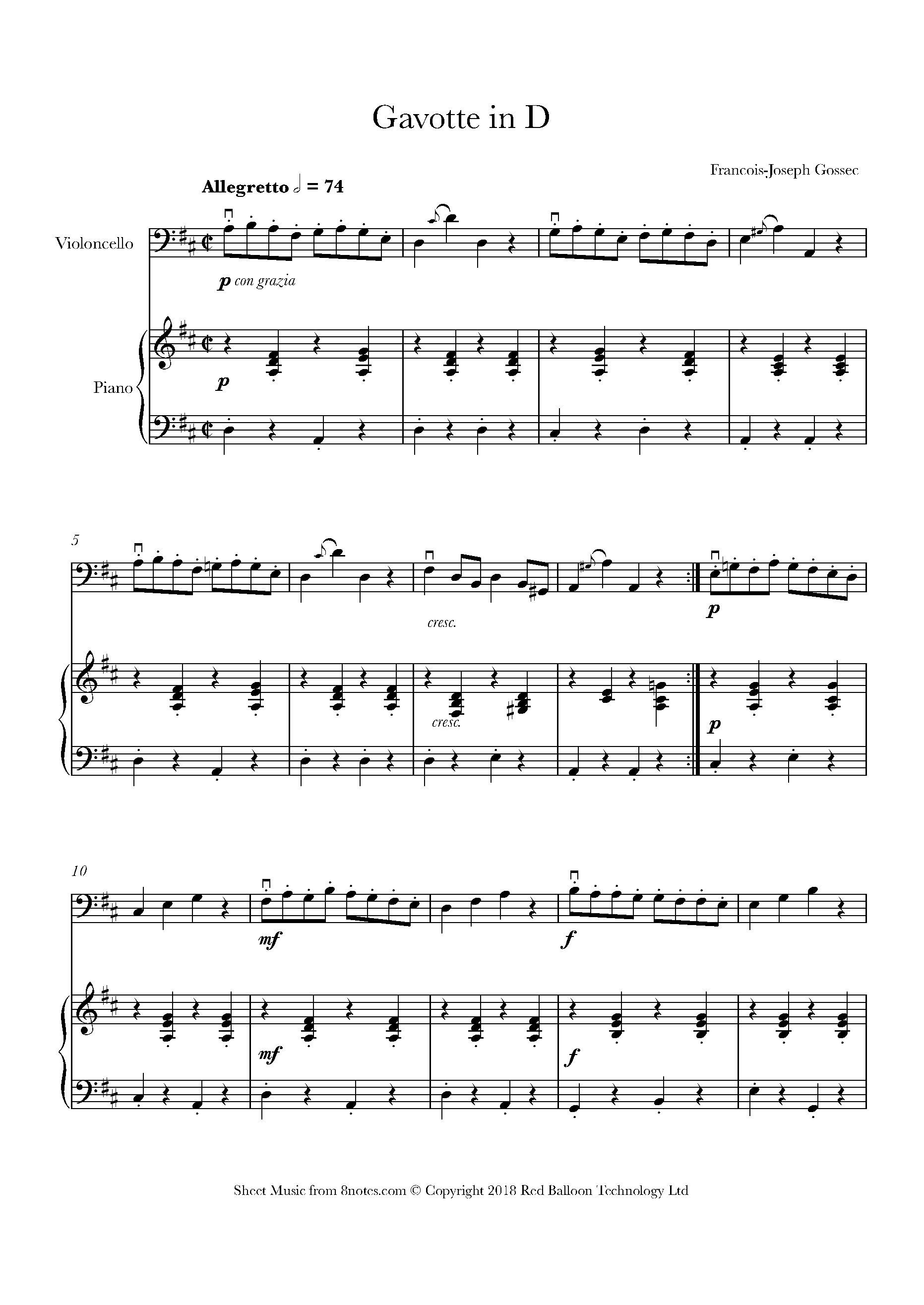 Gossec Gavotte in D Sheet music for Cello