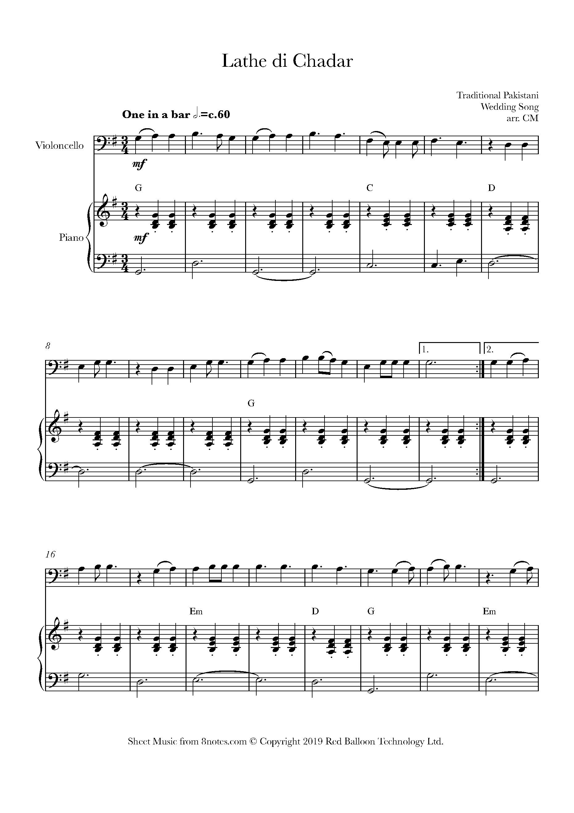 Lathe di Chadar (Pakistan Trad.) Sheet music for Cello
