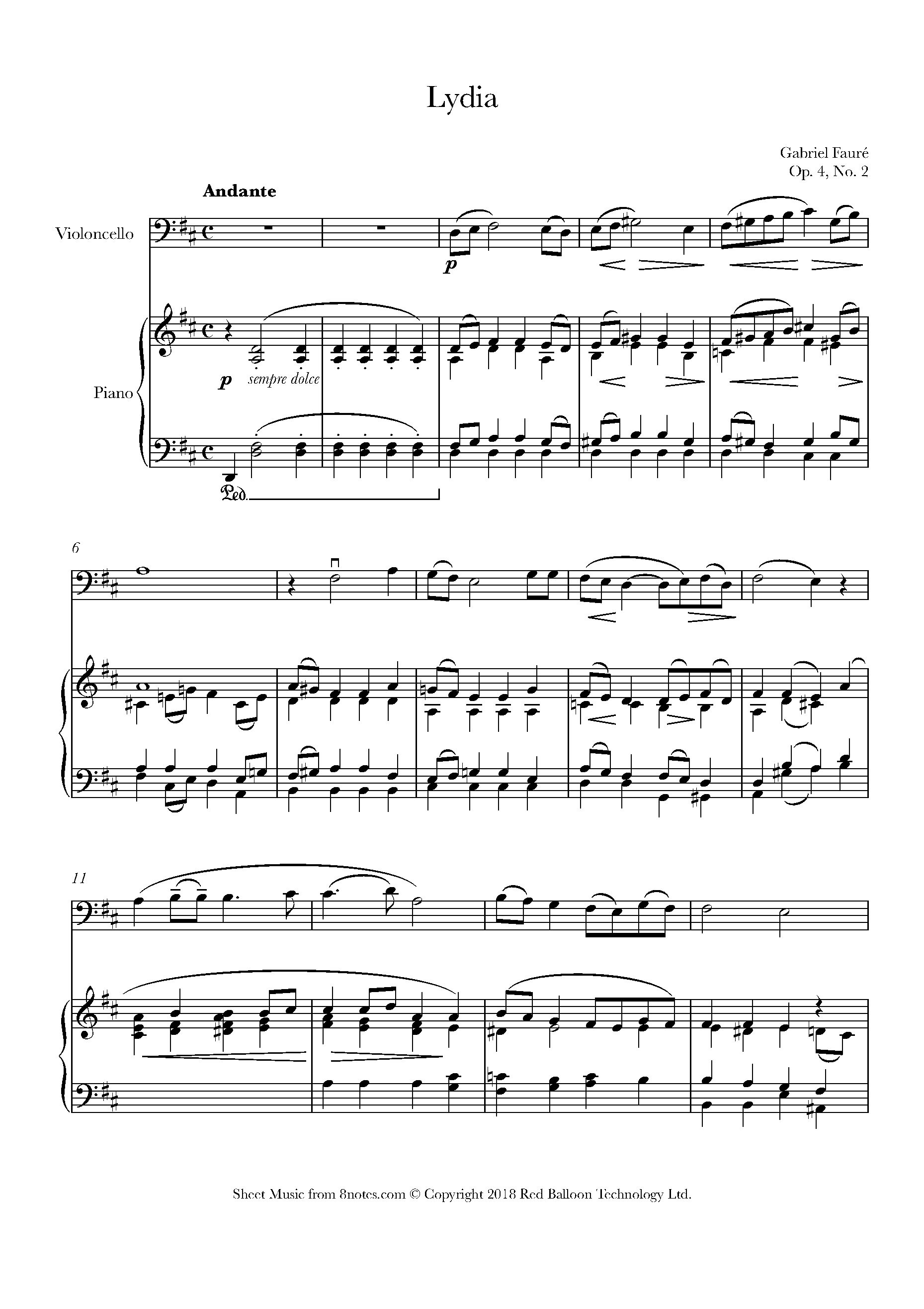 ﻿Fauré Lydia, Op. 4, No. 2 Sheet music for Cello