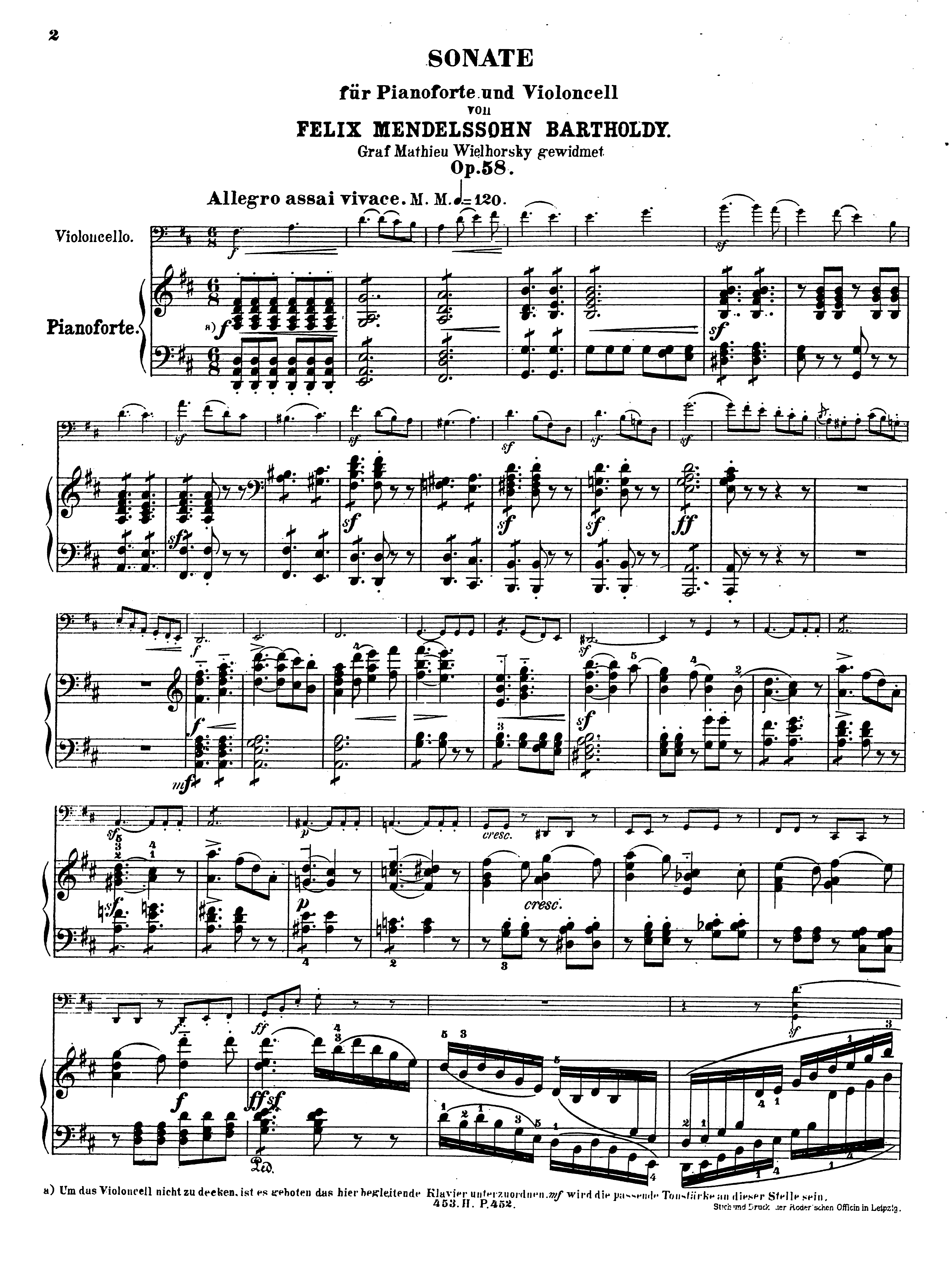 Cello Sonata No.2, Op.58 by Felix Mendelssohn Sheet Music arranged by 8notes.com for Cello - 1 of 35 pages