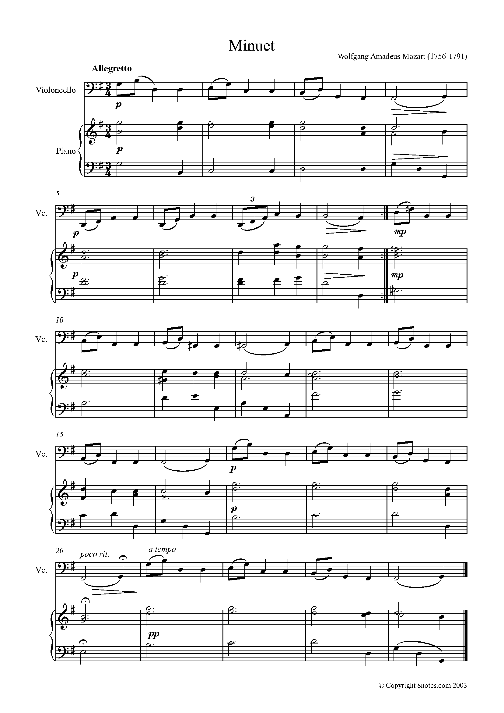 Mozart Wolfgang Amadeus Minuet for Cello Free Sheet music for Cello 8notes