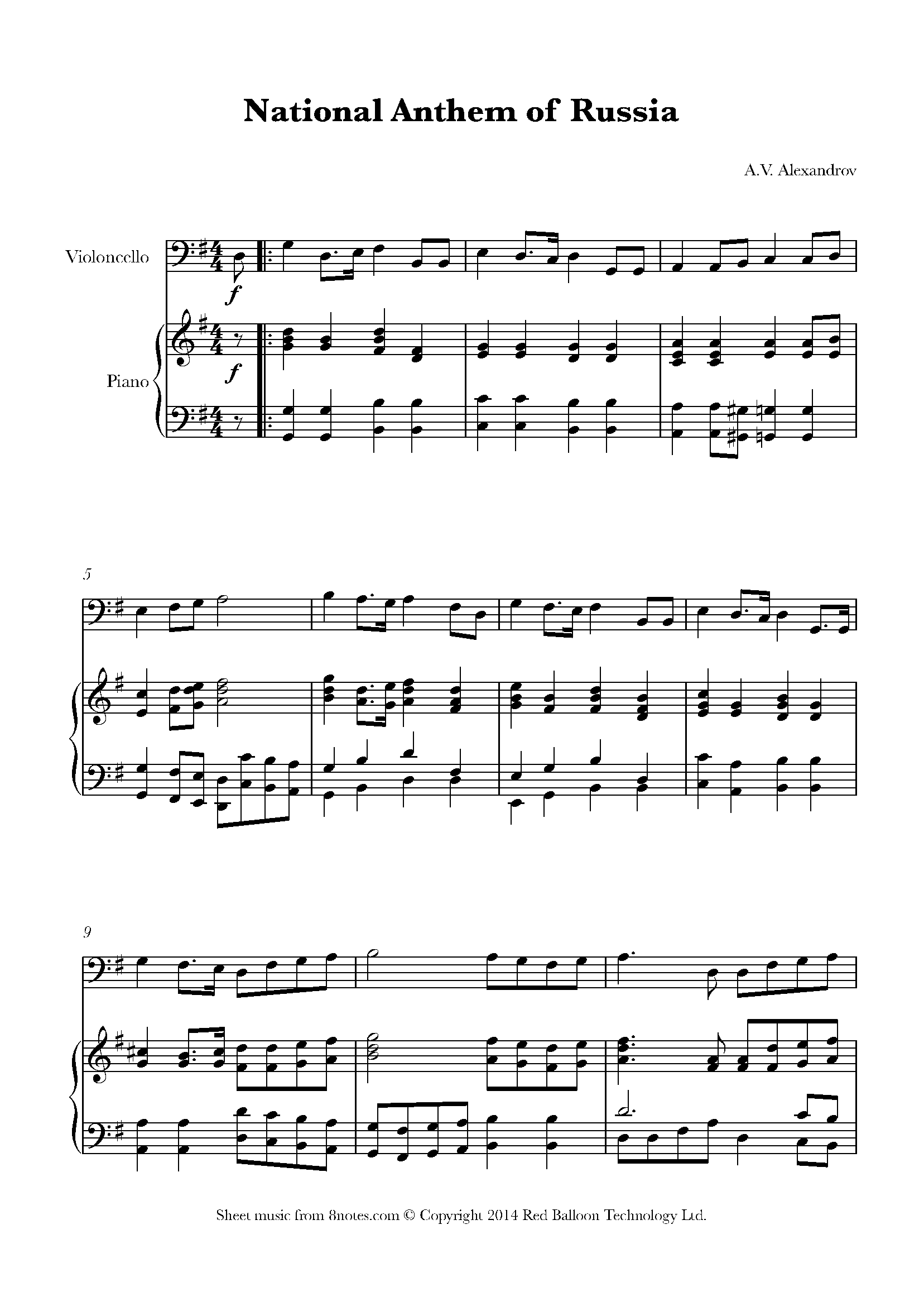 National anthem of russia alexandrov sheet music for cello 8notes