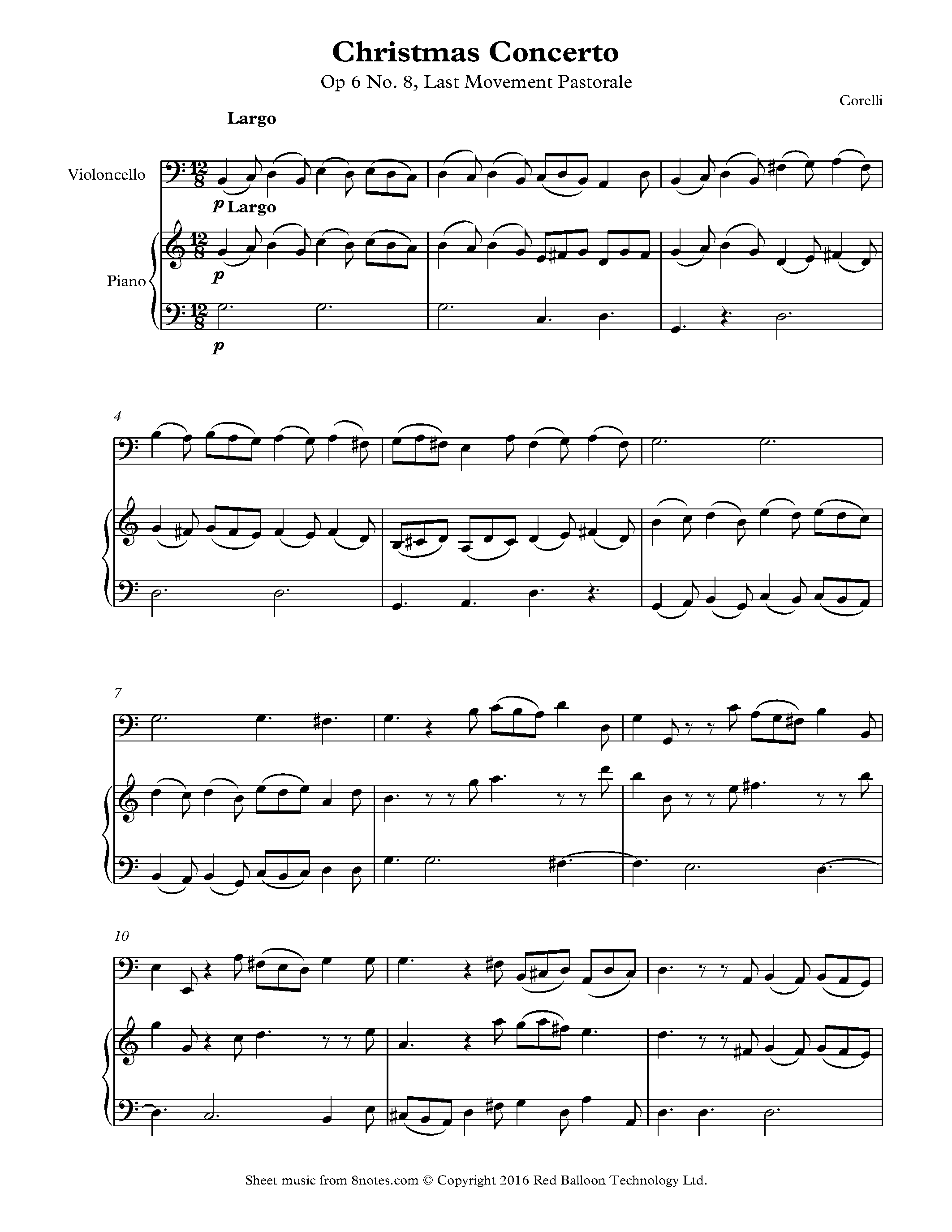 Corelli Christmas Concerto Op 6 No 8 Pastorale Sheet Music For Cello 8notes Com