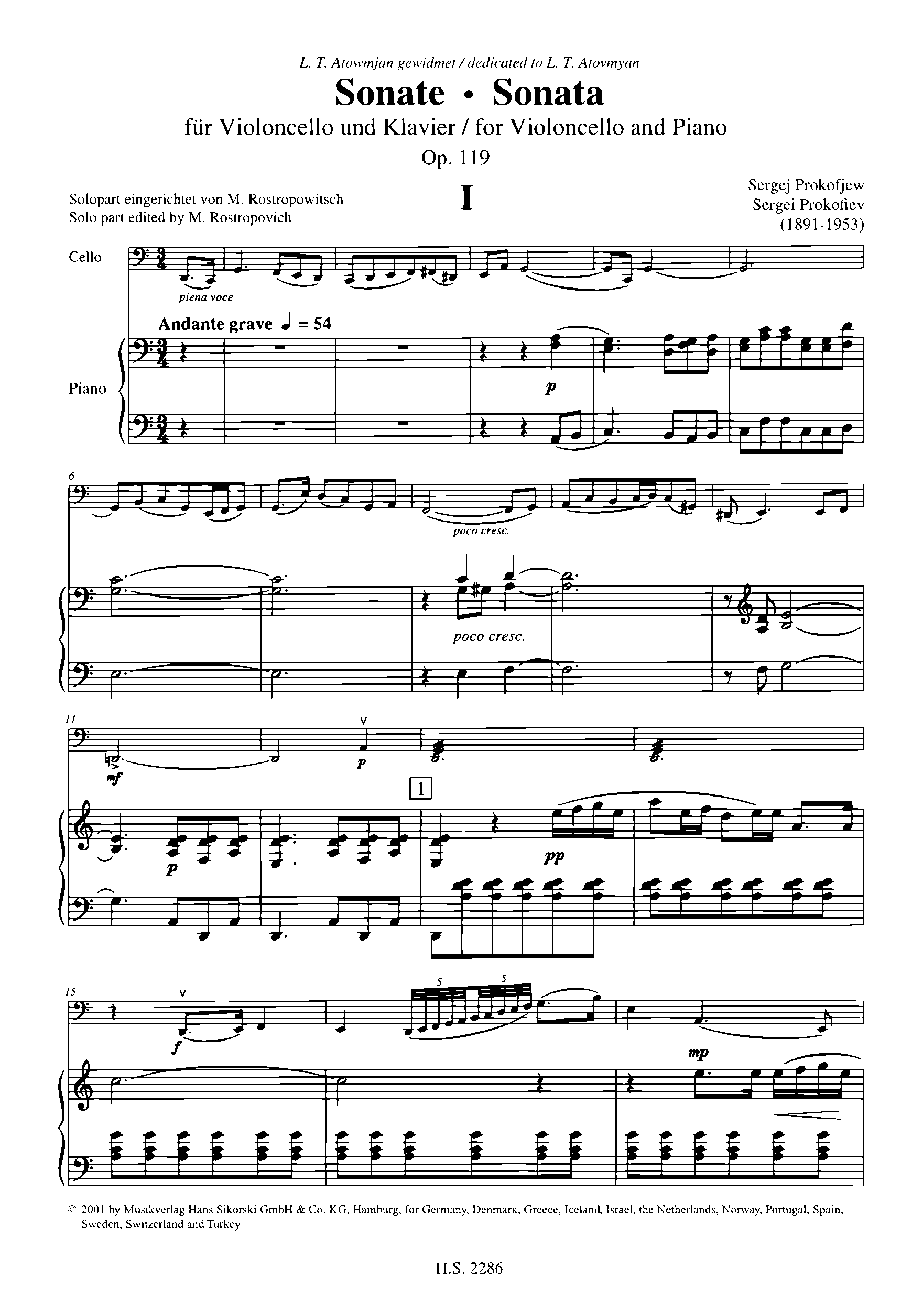 Cello Sonata, Op.119 by Sergei Prokofiev Sheet Music arranged by 8notes.com for Cello - 1 of 47 pages