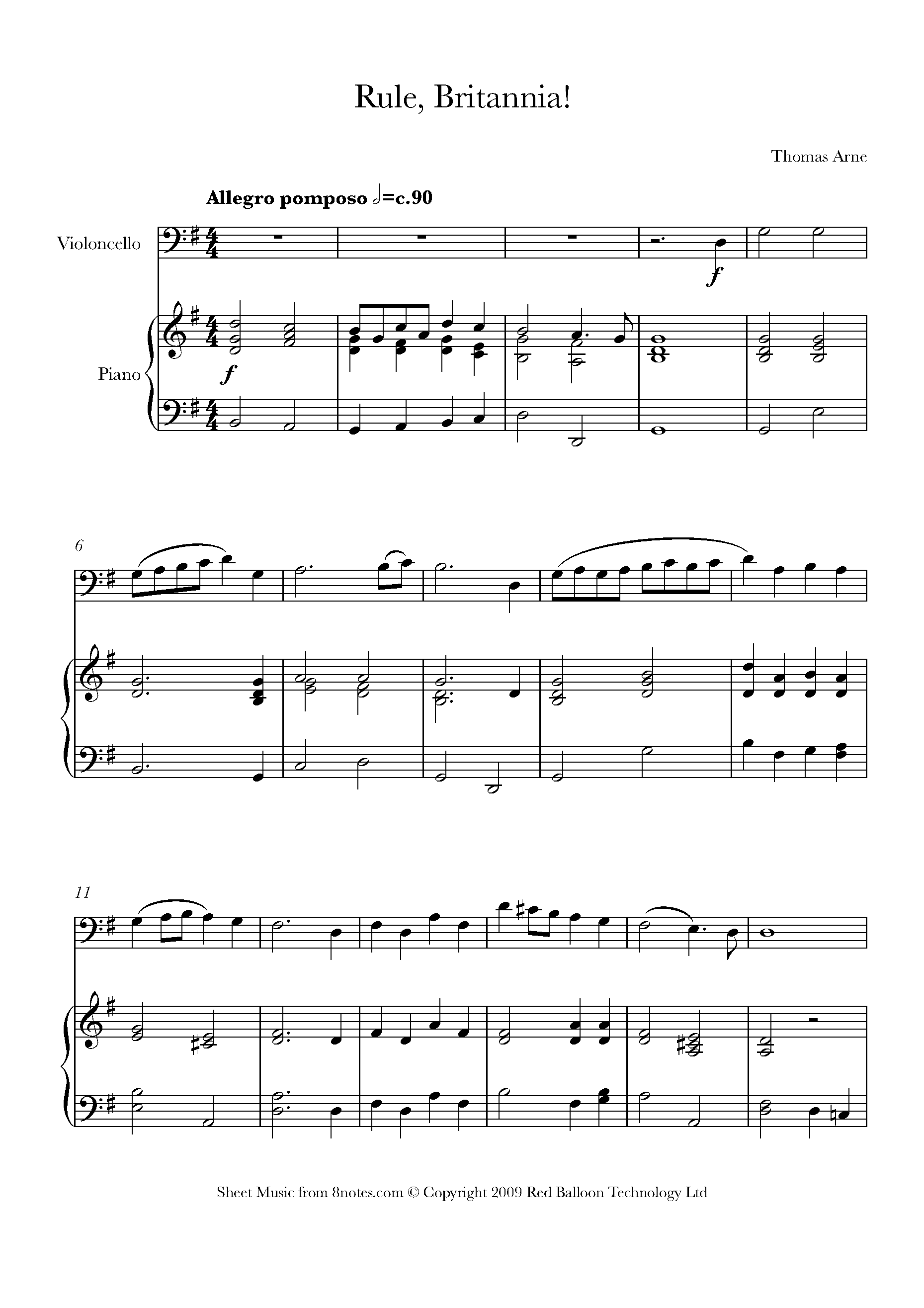 Arne Rule Britannia! Sheet music for Cello