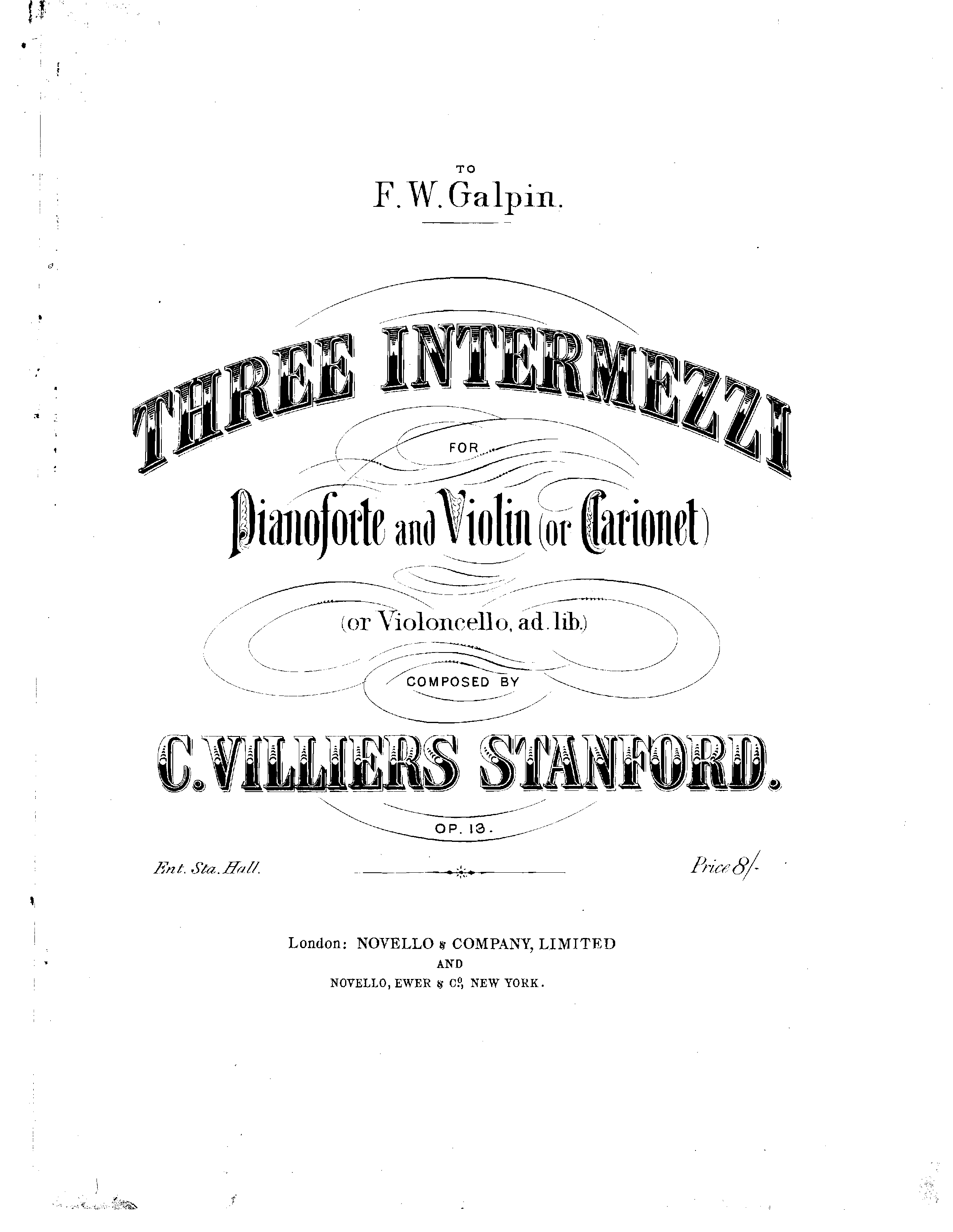 3 Intermezzi, Op.13 by Charles Stanford Sheet Music arranged by 8notes.com for Cello - 1 of 16 pages