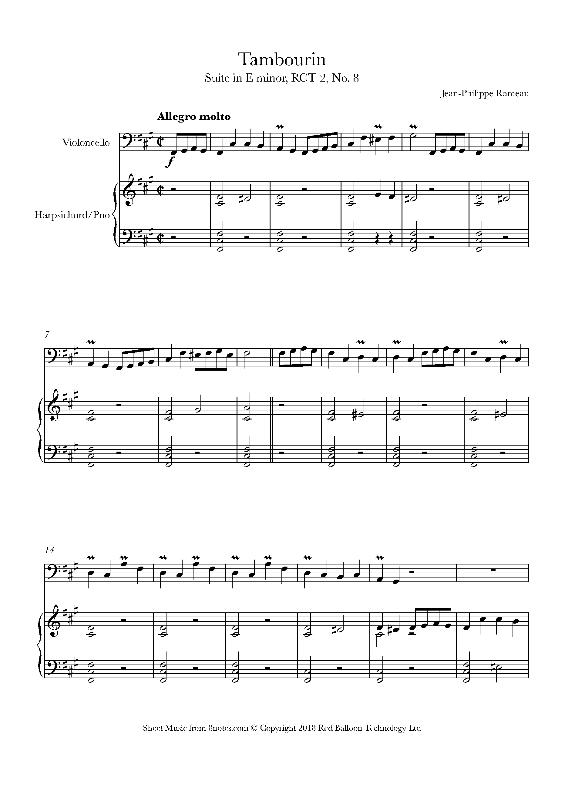 Rameau Tambourin Suite in E minor, RCT 2, No. 8 Sheet music for Cello