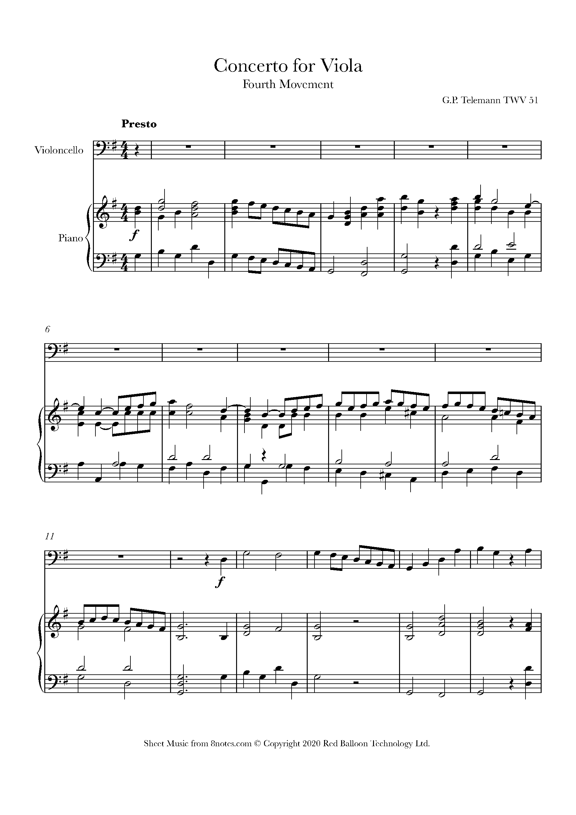 Telemann Viola Concerto 4th Movement, TWV 51 Sheet music for Cello
