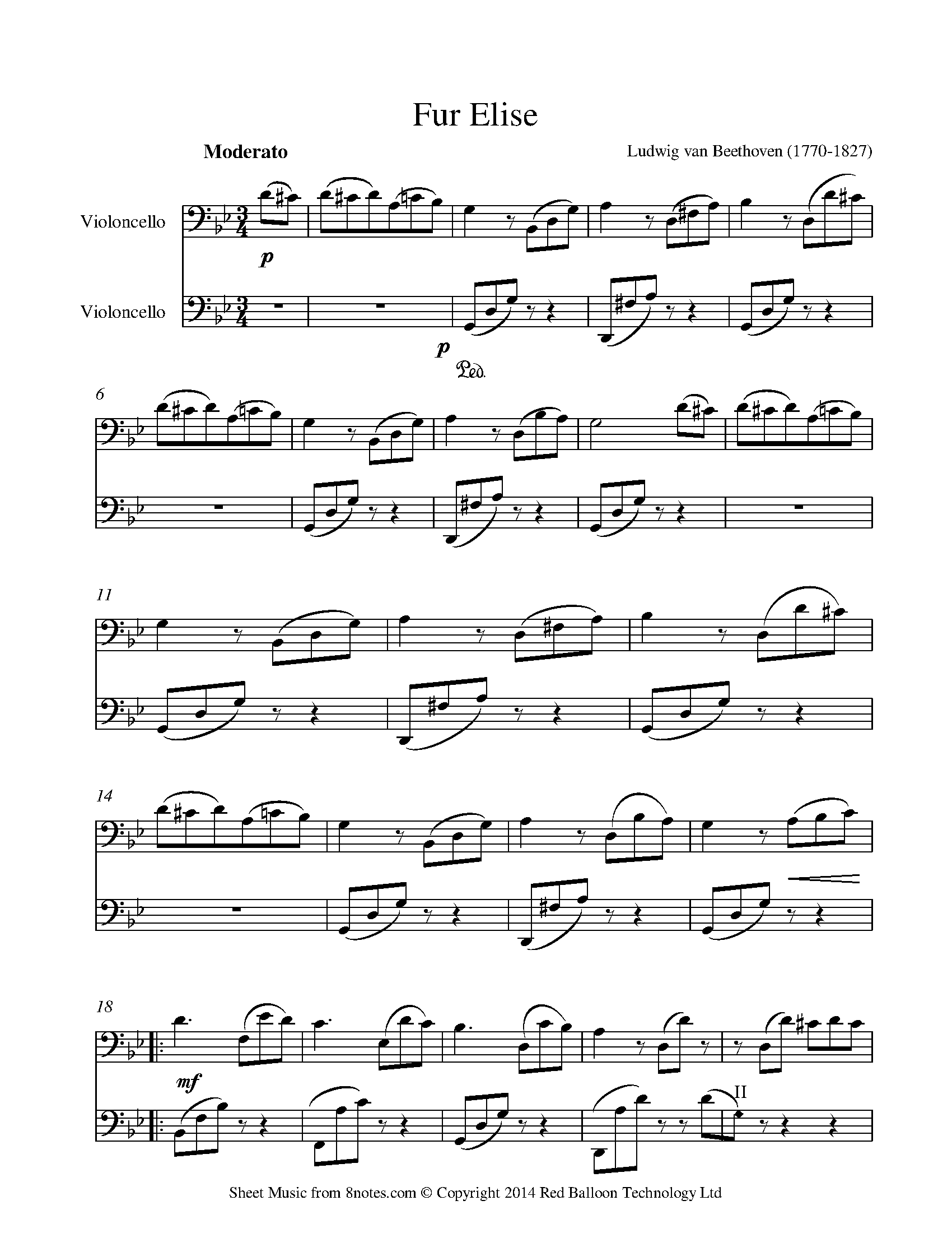 Beethoven, Ludwig van - Fur music for Cello Duet - 8notes.com
