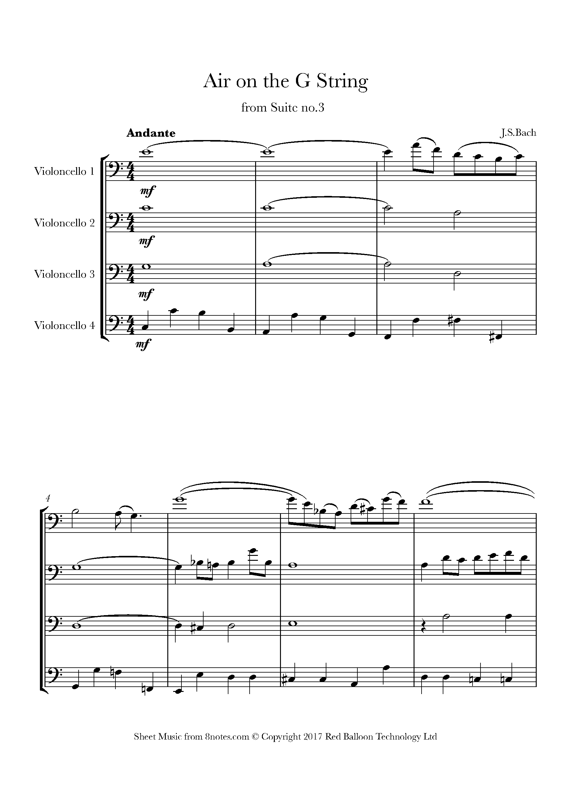 Bach Johann Sebastian Air on a G String Sheet music for Cello