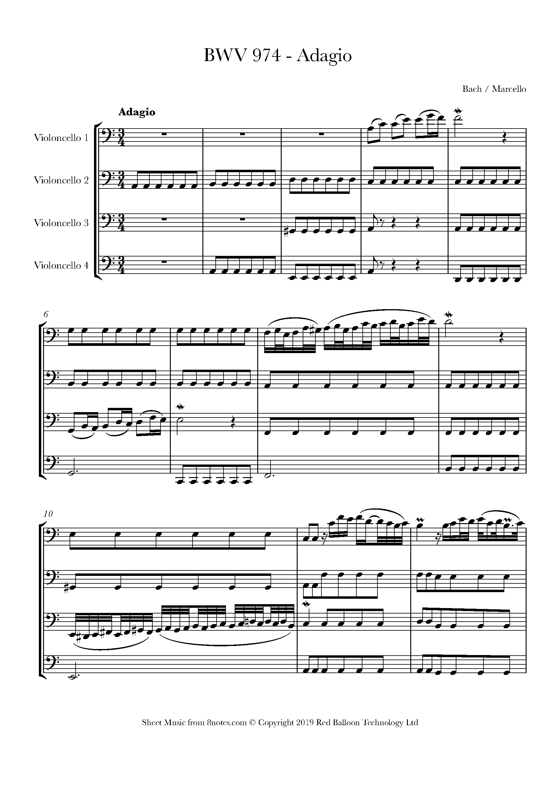 Emborracharse Empeorando ven Bach, Johann Sebastian - BWV 974 - Adagio (Bach/Marcello) Sheet music for  Cello Quartet - 8notes.com