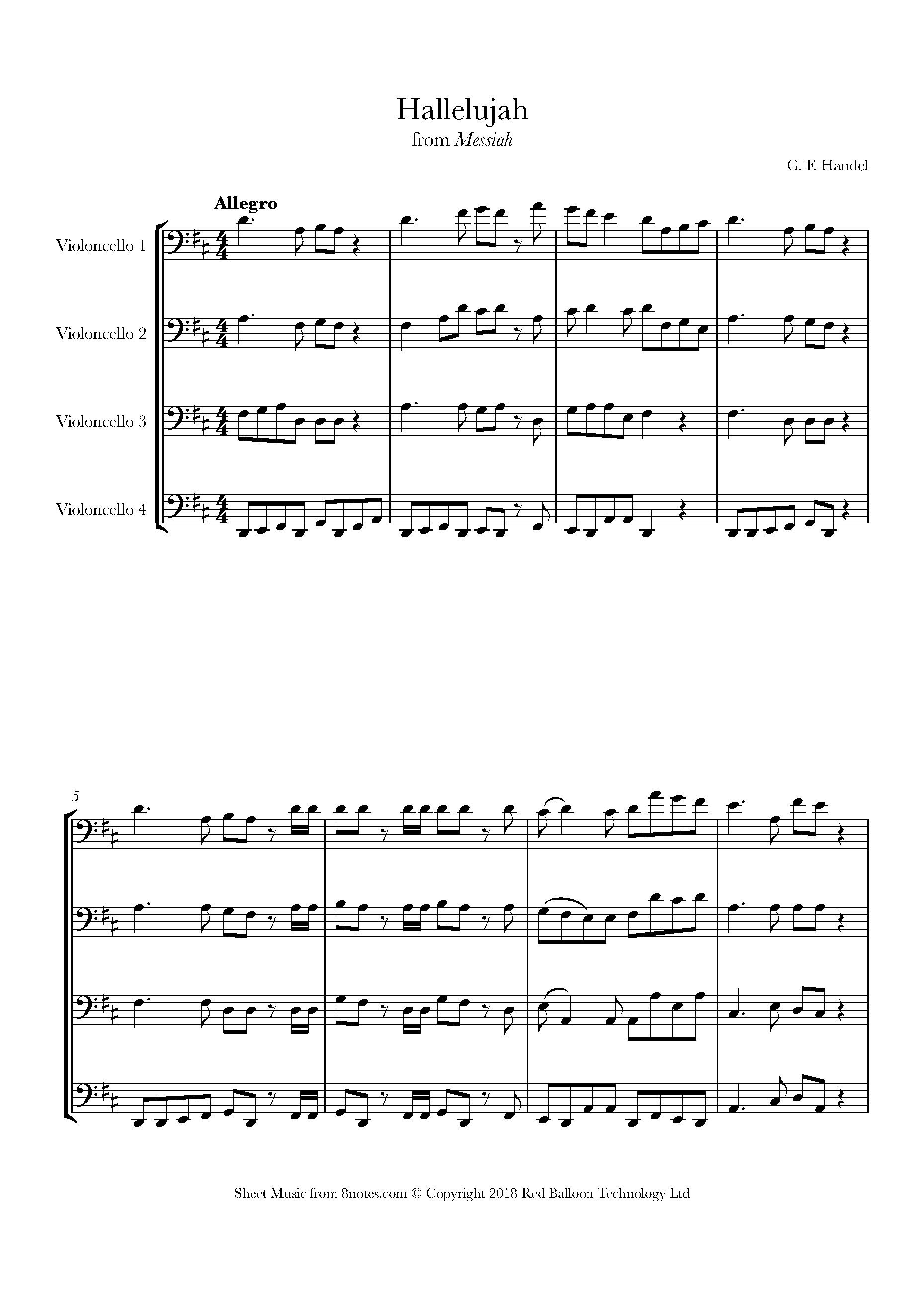 Handel - Hallelujah from Messiah Sheet music for Cello Quartet - 8notes.com