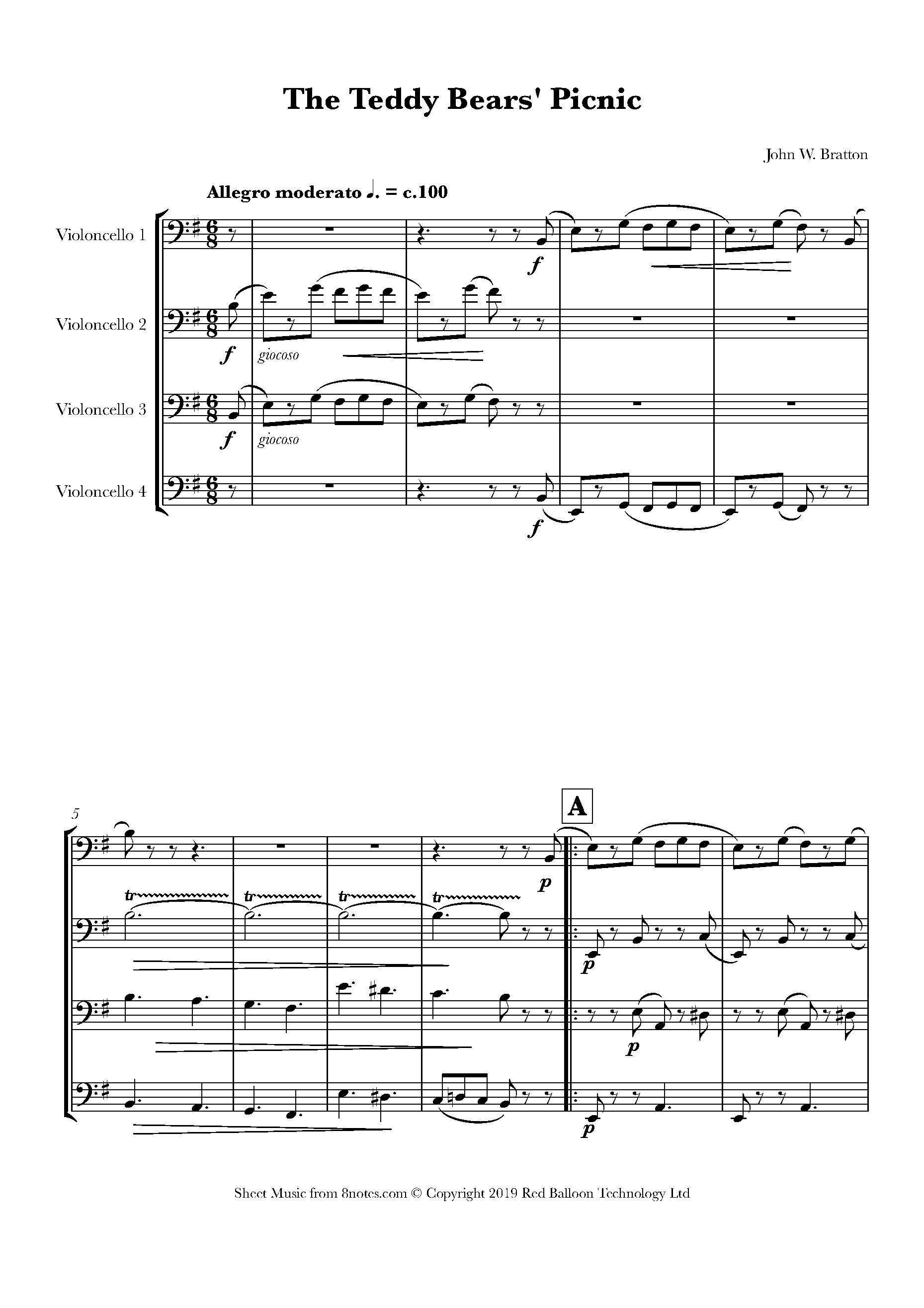 John W Bratton The Teddy Bears Picnic Sheet Music For Cello Quartet 