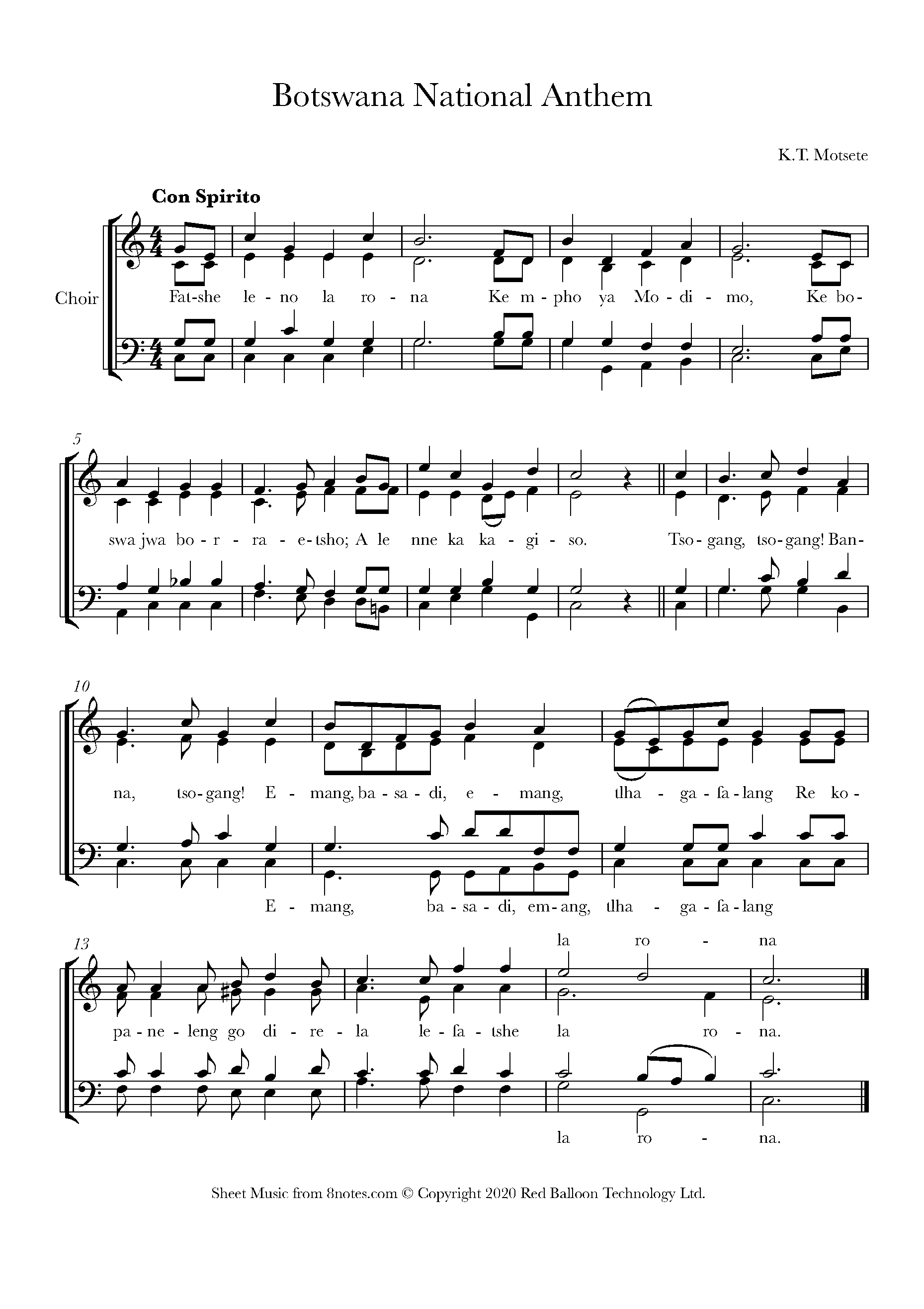 Fatshe leno la rona (Botswana National Anthem) Sheet music for Choir
