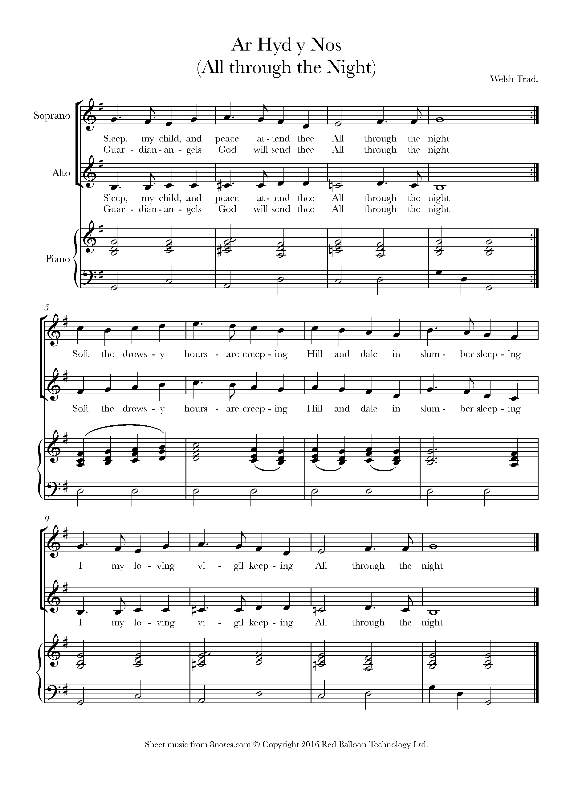Ar Hyd y Nos All through the Night (Traditional Welsh) Sheet music