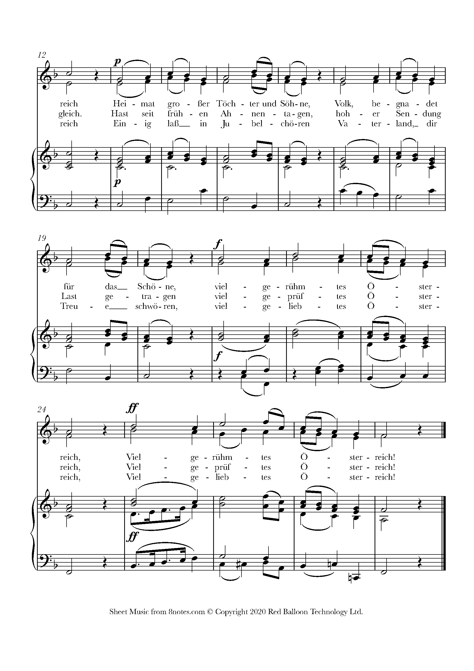 Wolfgang Amadeus Mozart Land Der Berge Land Am Strome Austrian National Anthem Sheet Music For Choir 8notes Com