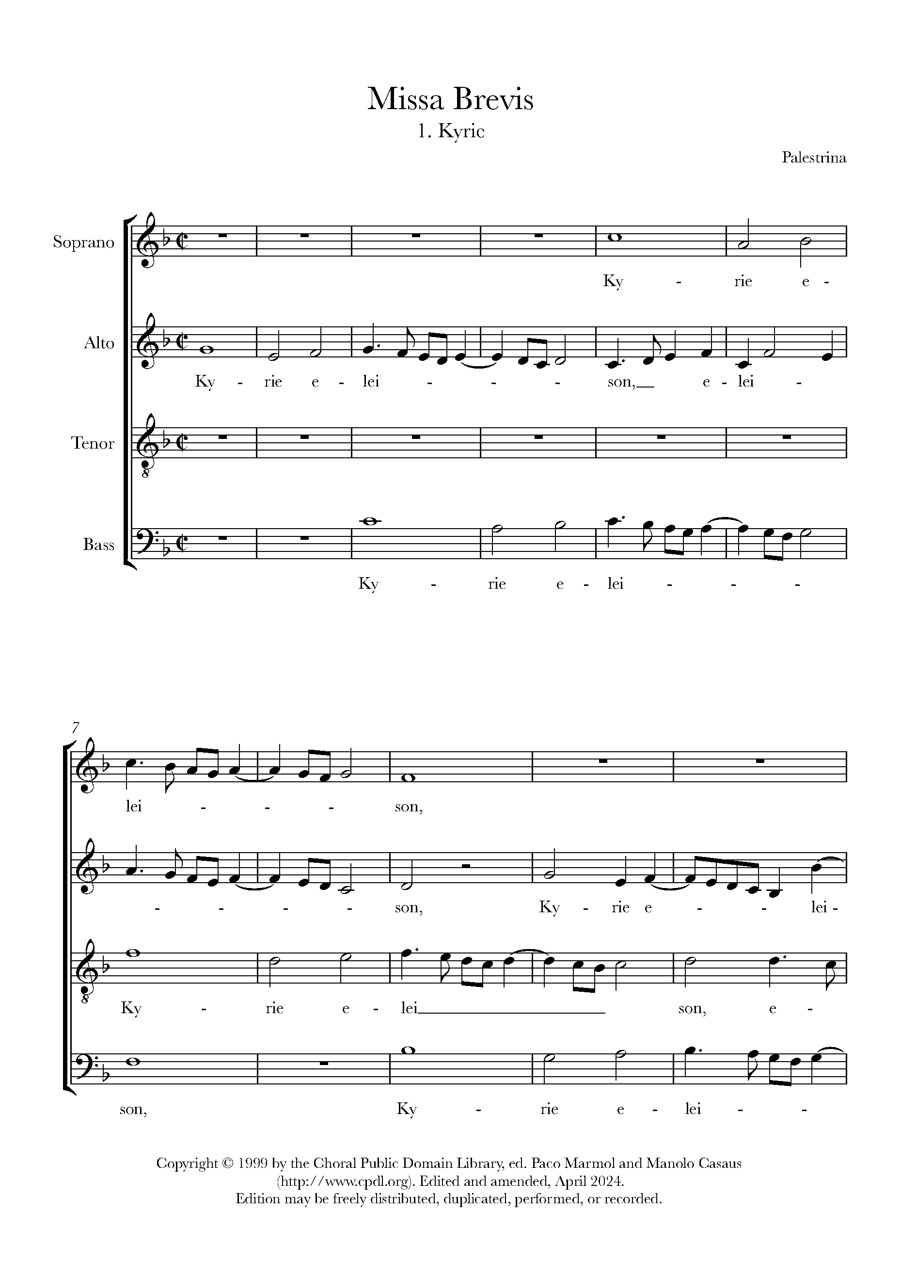 Palestrina - 1. Kyrie (Missa Brevis) for Choir - Free Sheet