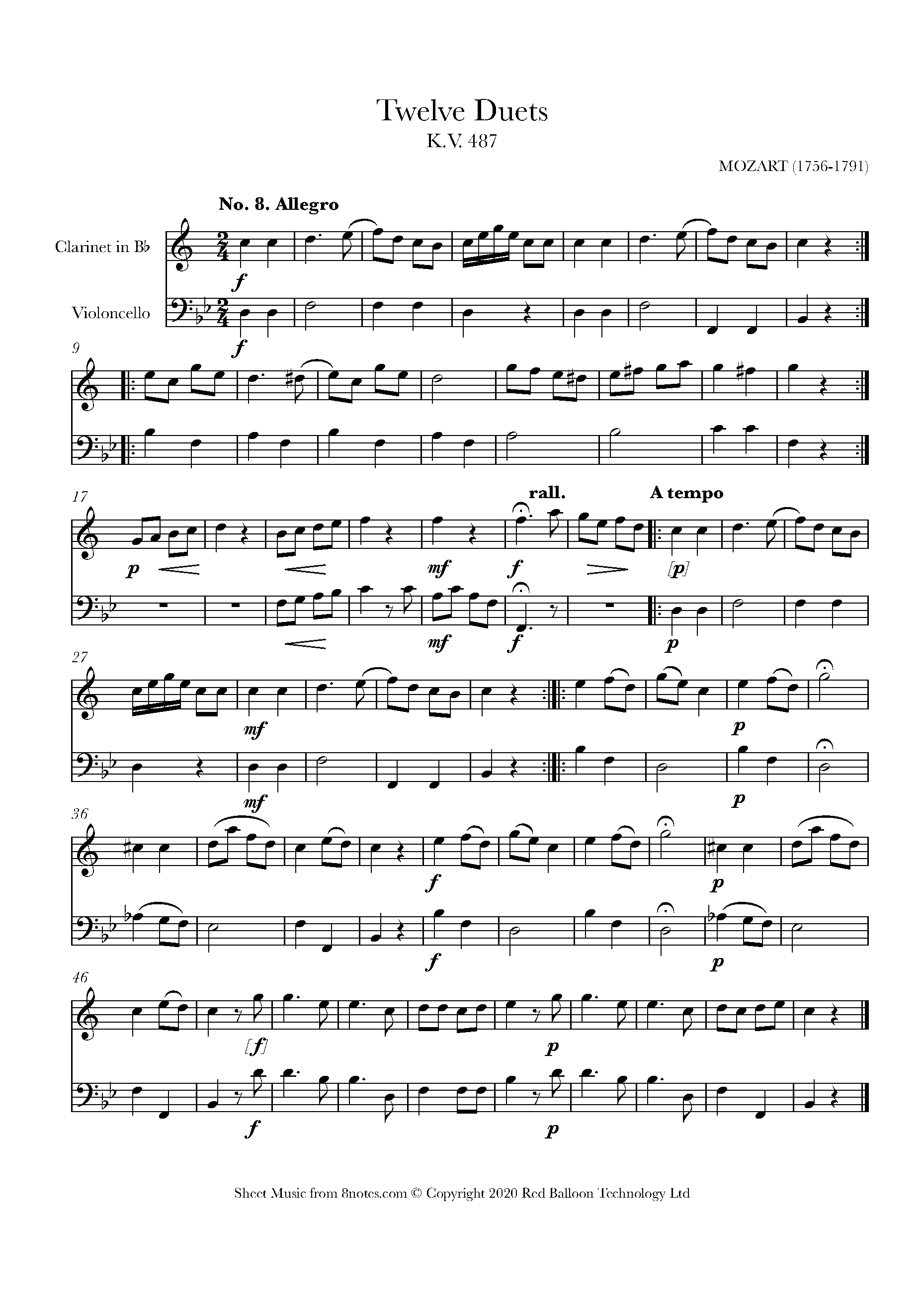 Mozart Twelve Duets K.V. 487 no.8 Sheet music for Duet