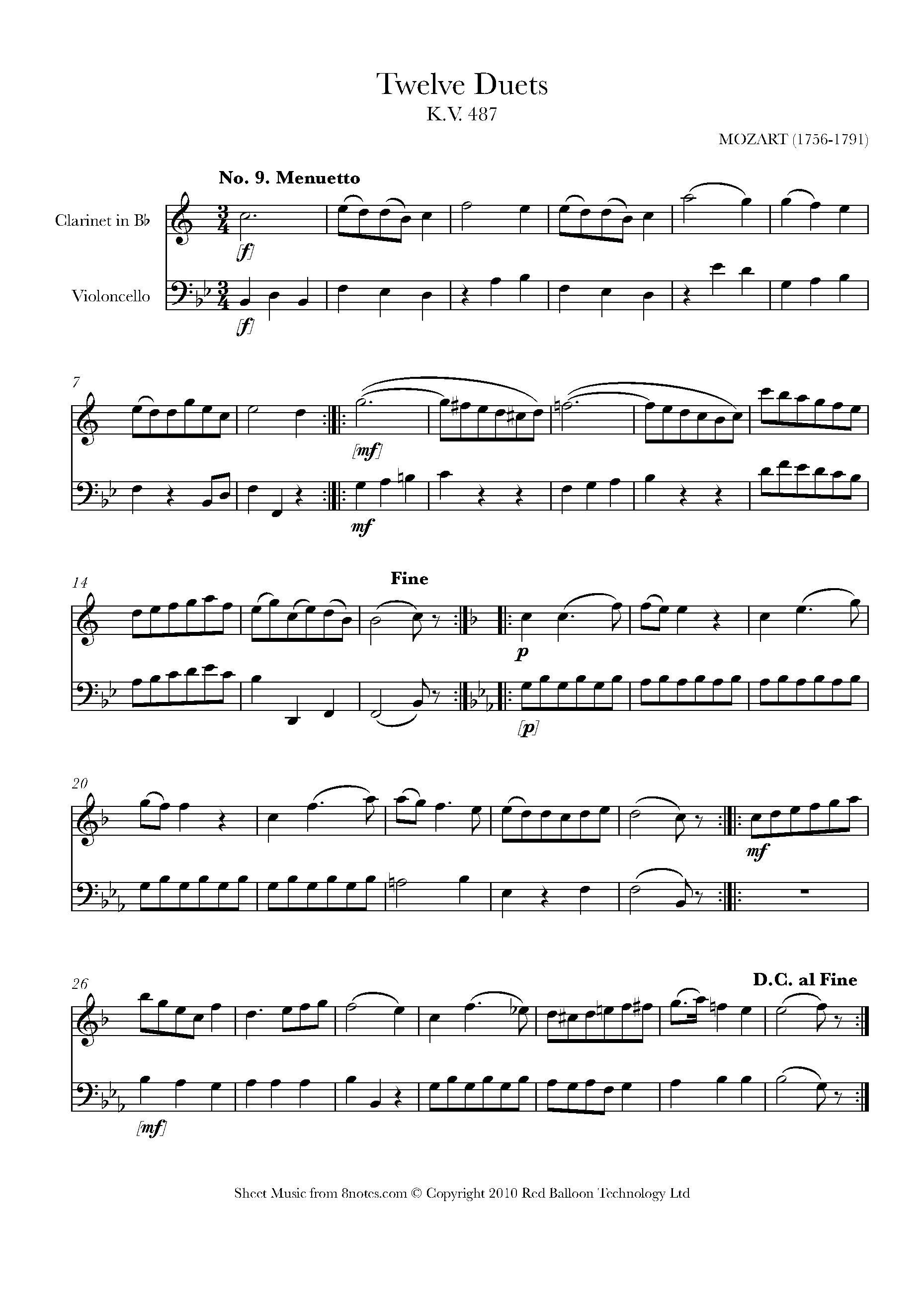 Mozart Twelve Duets K.V. 487 no.9 Sheet music for Duet