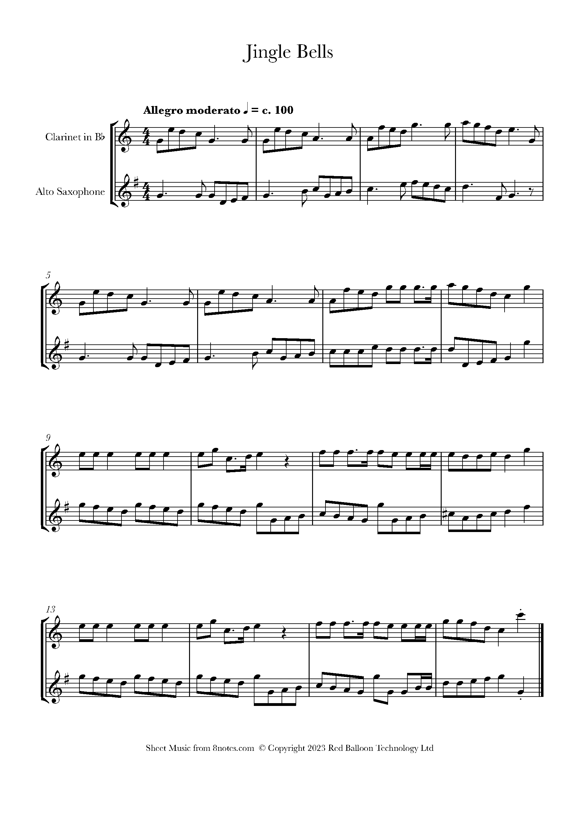 Jingle Bells for Clarinet-Saxophone Duet - Free Sheet music for Clarinet- Saxophone Duet | 8notes.com, image size:1859x2631