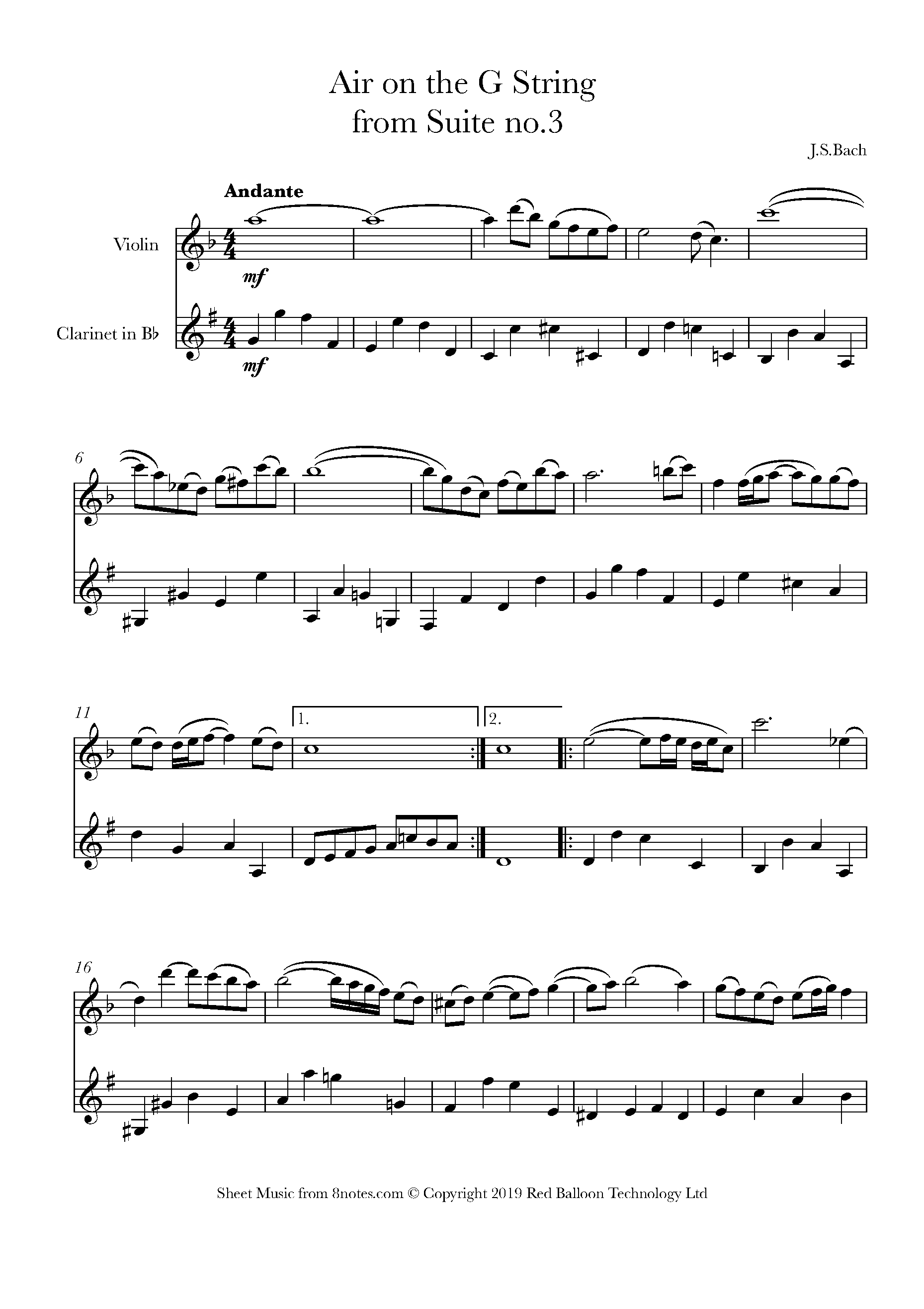 Bach Air on the G string Sheet music for Duet