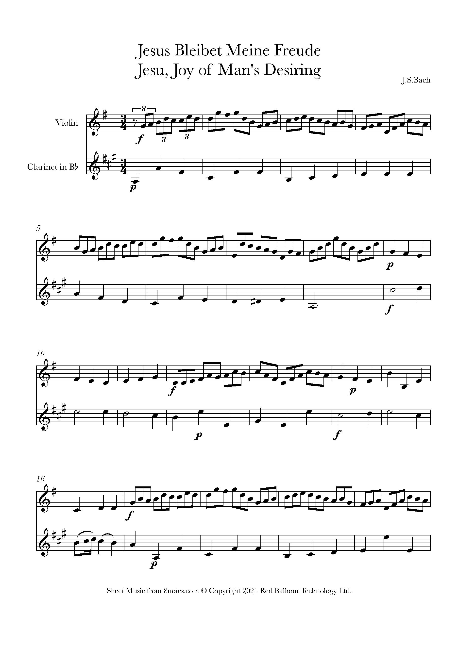 Bach Jesu Joy of Mans Desiring Sheet music for Duet