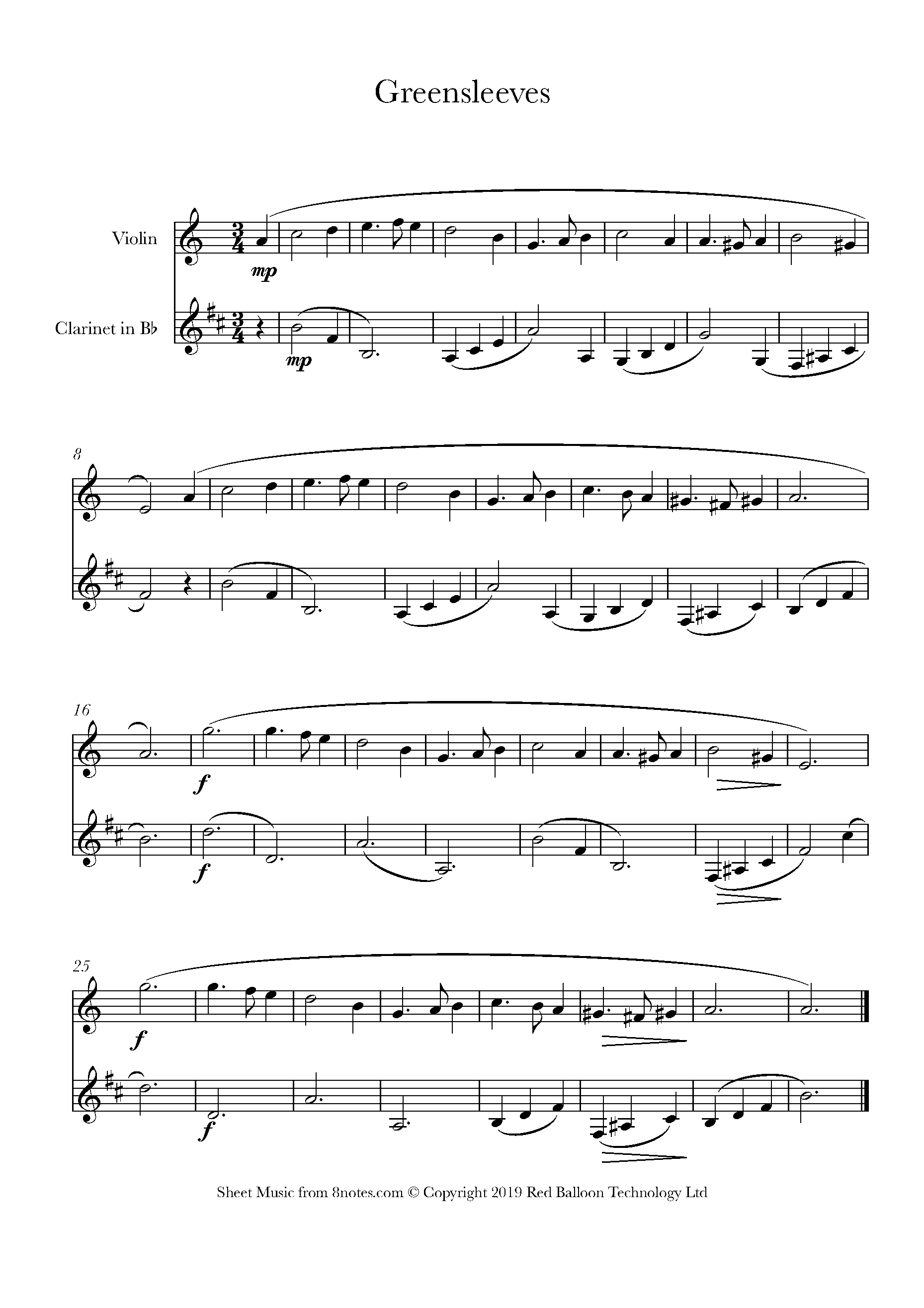 Silenciosamente antepasado Velocidad supersónica Greensleeves Sheet music for Clarinet-Violin Duet - 8notes.com