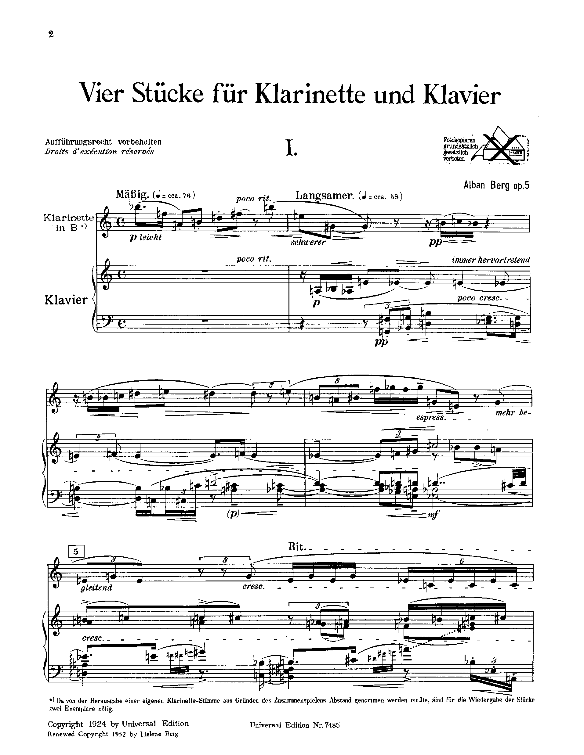 4 Stucke, Op.5 by Alban Berg Sheet Music arranged by 8notes.com for Clarinet - 1 of 11 pages