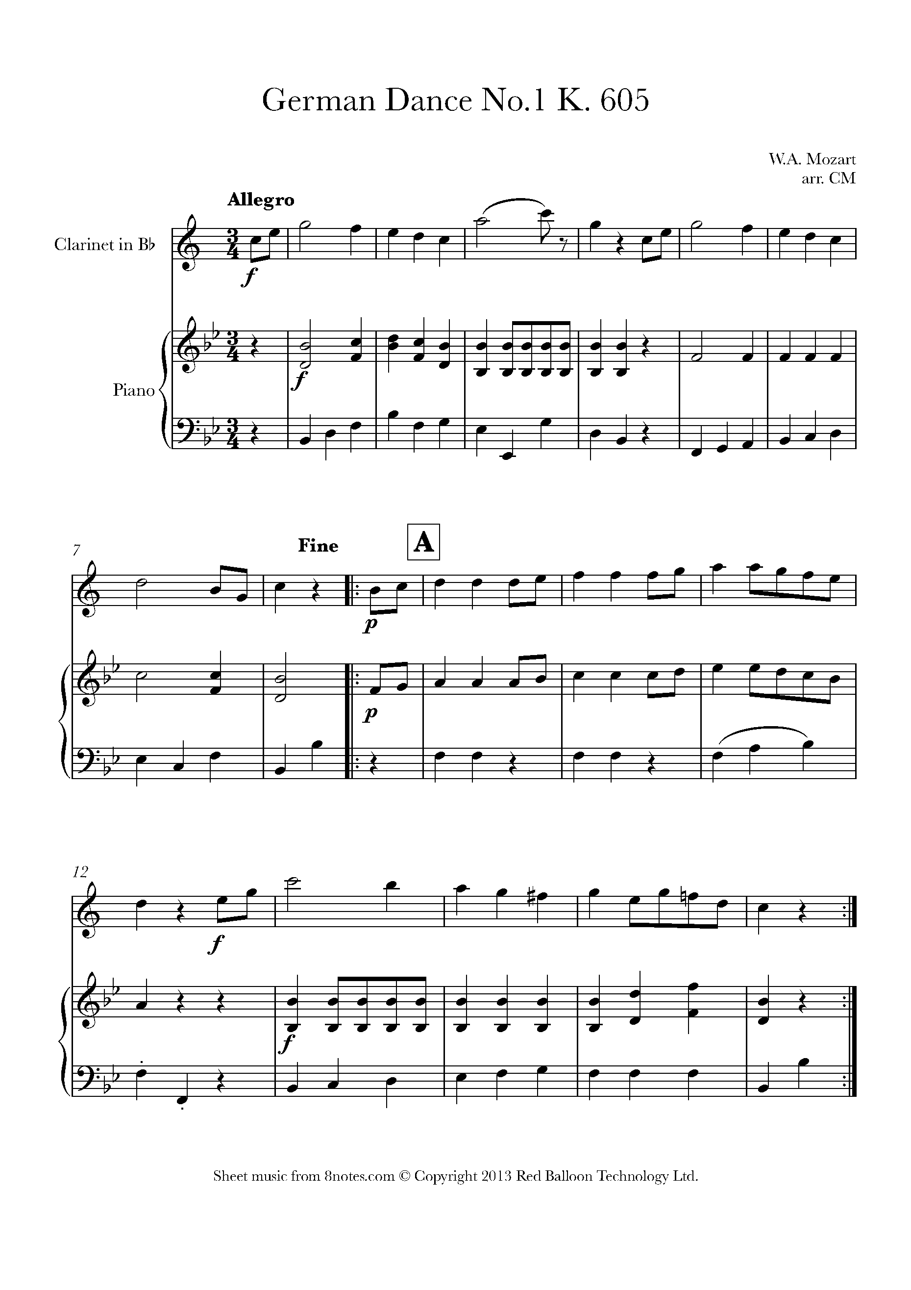 Mozart German Dance No.1 K. 605 Sheet music for